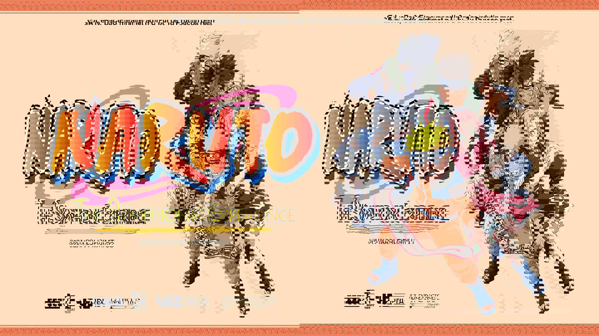 Light orange banner reads: "Naruto - The Symphonic Experience." Five animated characters from "Naruto" are featuring in fighting stances, including a blond light complexion boy in an orange and navy jumpsuit with a navy blue headband containing his spiky blond yellow hair.