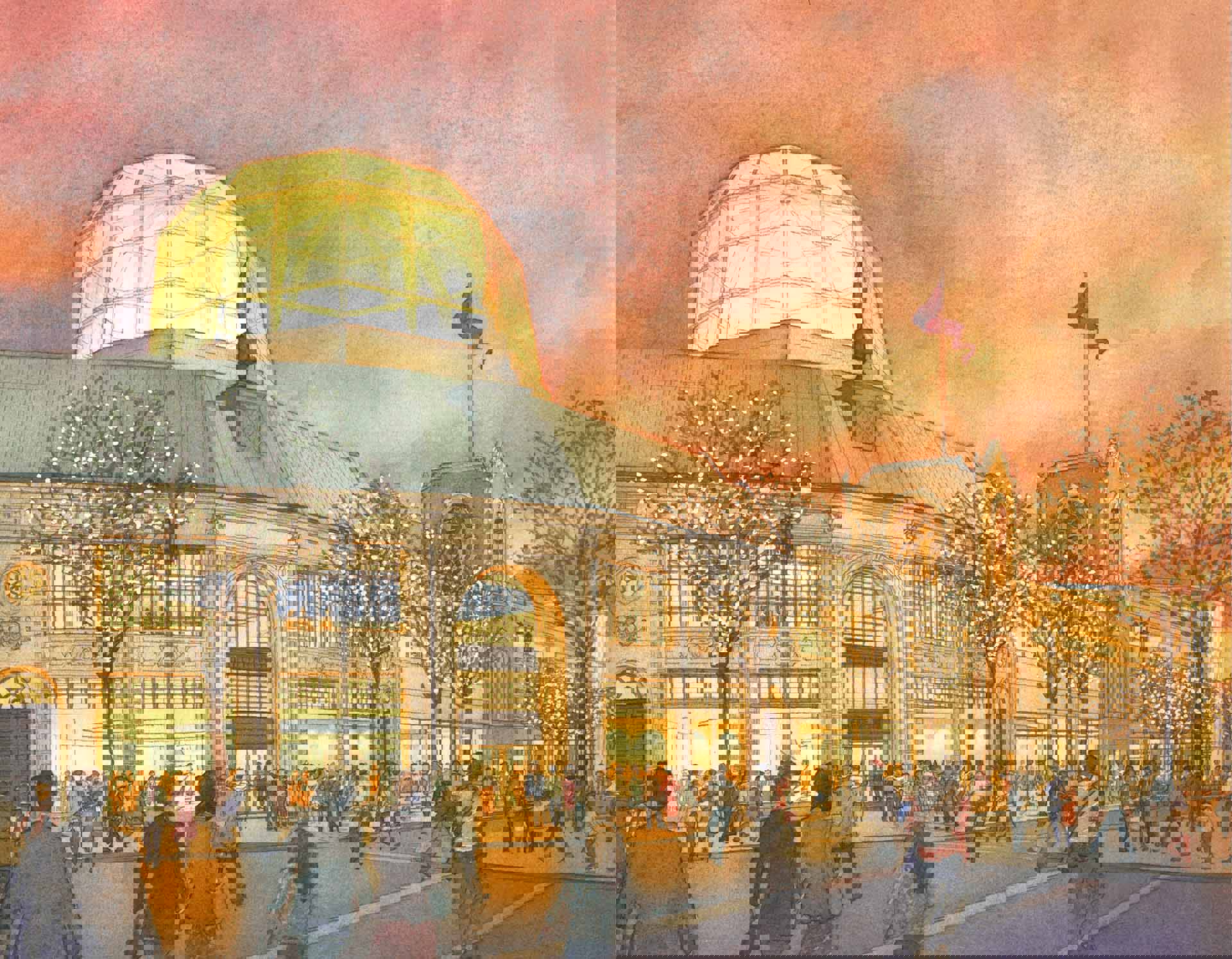 Watercolor illustration of Overture's State Street entrance at sunset with pedestrians walking outside and warm lighting coming through the rotunda and main glass windows.