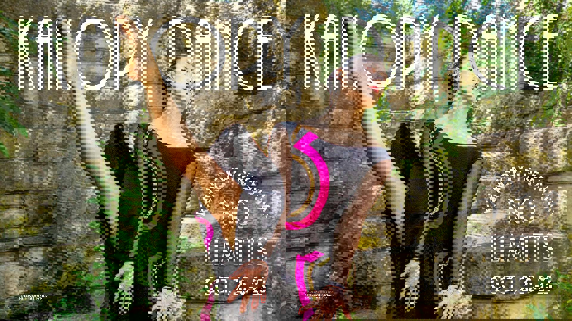 Banner text reads: Kanopy Dance Kanopy Redux: No Limits Oct. 20-23. A woman in a black dress with pink and gold highlights lifts her leg into the air.