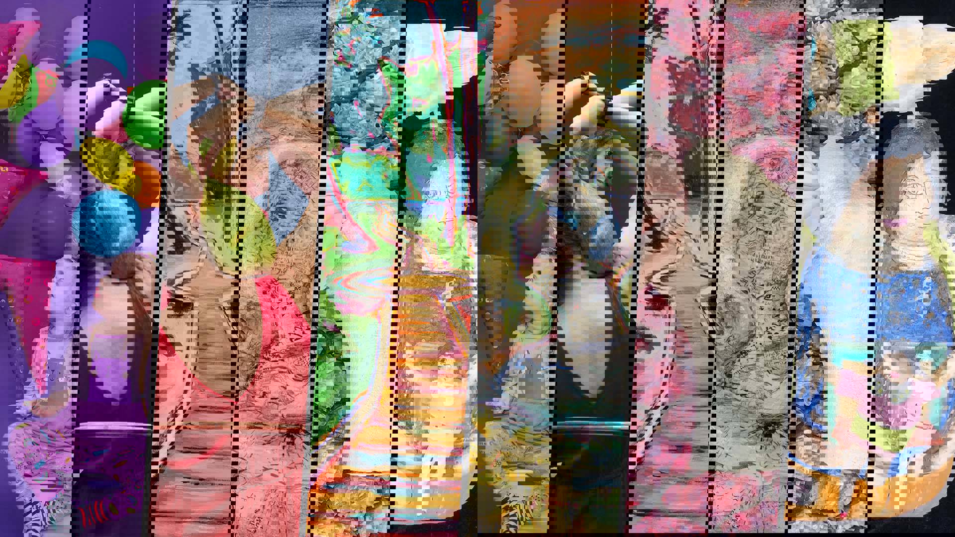 Composite image of six multi-colored artwork pieces reflecting each Galleries exhibit