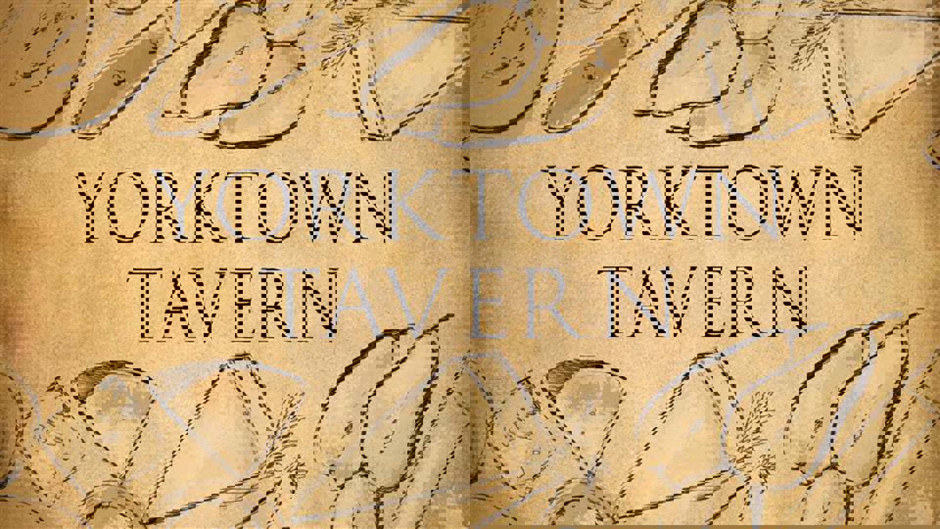 Banner reads: "Yorktown Tavern." Ink sketches of pears, cheese, herbs and bread on a tan, rustic paper background.
