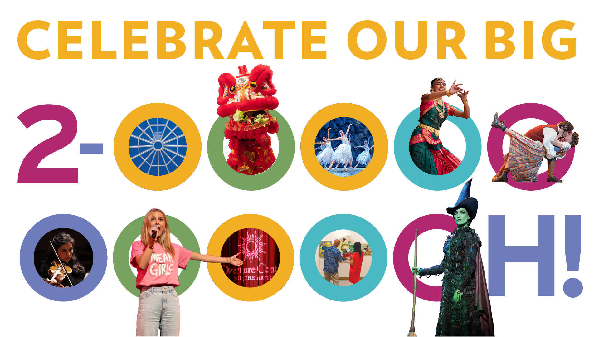 Banner text reads: "Celebrate our big 2-OH" with multiple "O"s depicting different performances in Overture Center