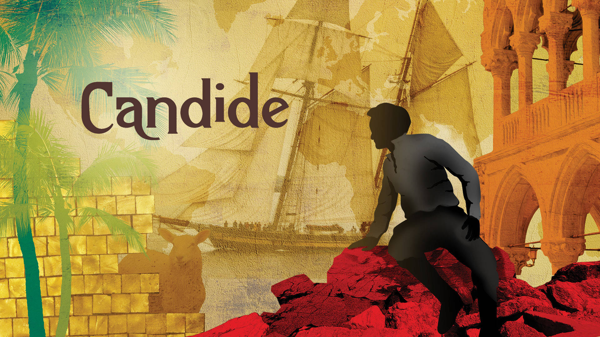 Banner text reads, Candide. A silhouette of a man sitting on a pile of rubble with a ship, building facades, and palm trees in the background.