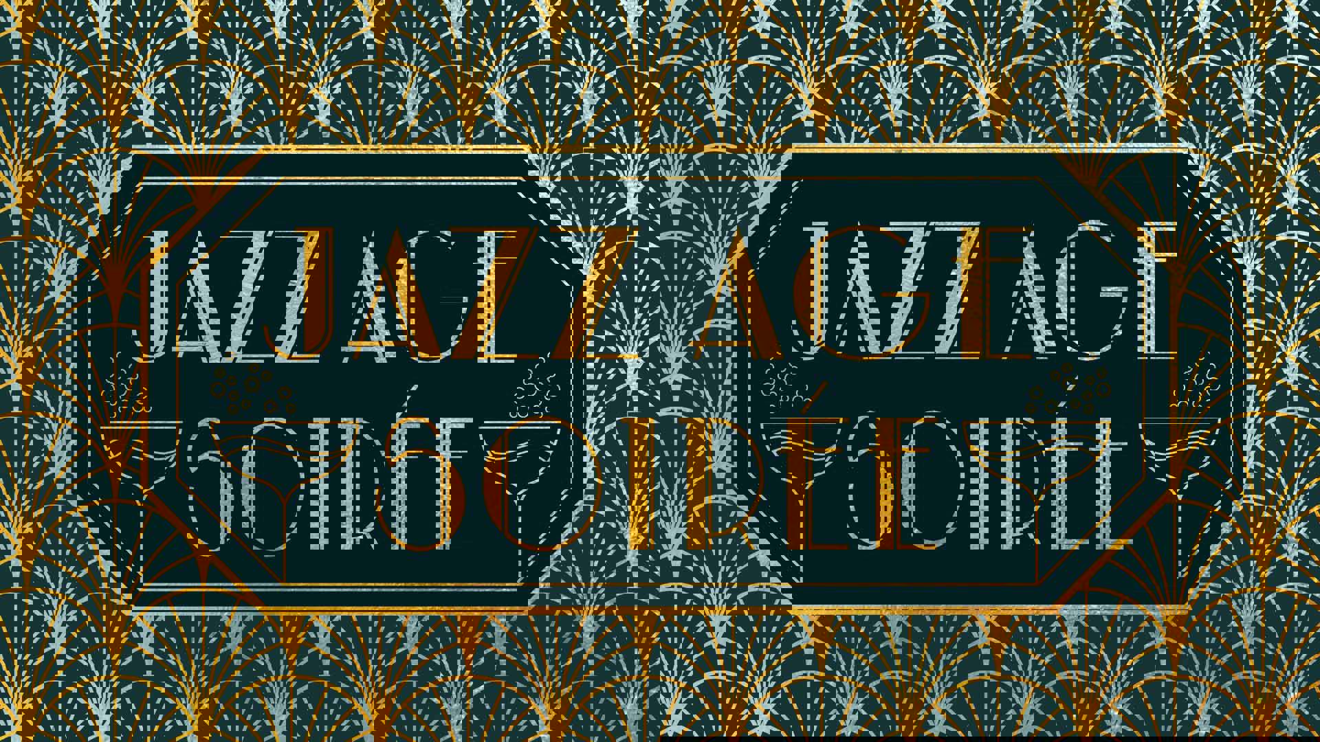 Dark green and gold banner reads: "Jazz Age Soiree" in gold font.