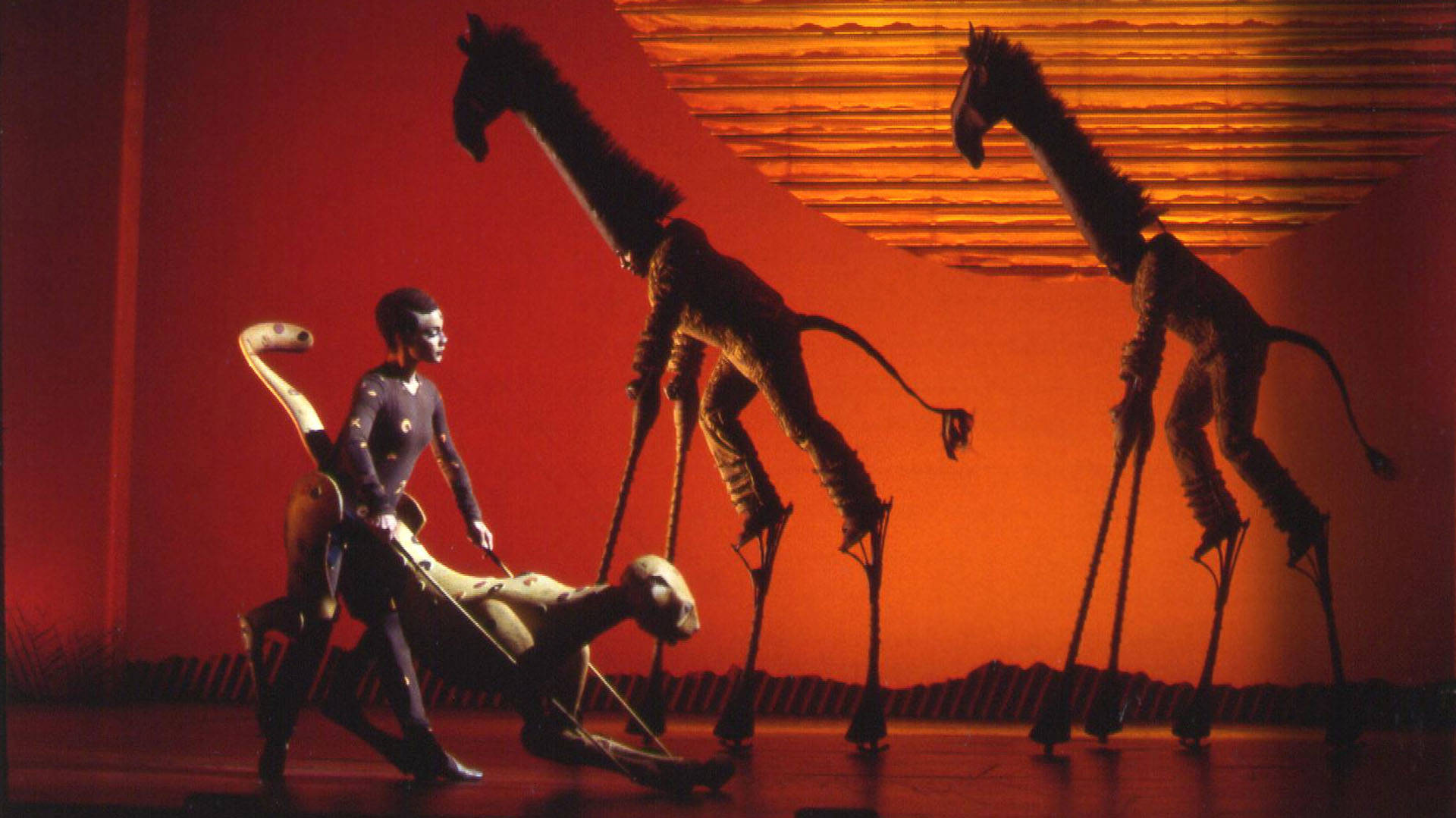 An actor dresses as a cheetah walks across stage. Two Giraffes are behind her