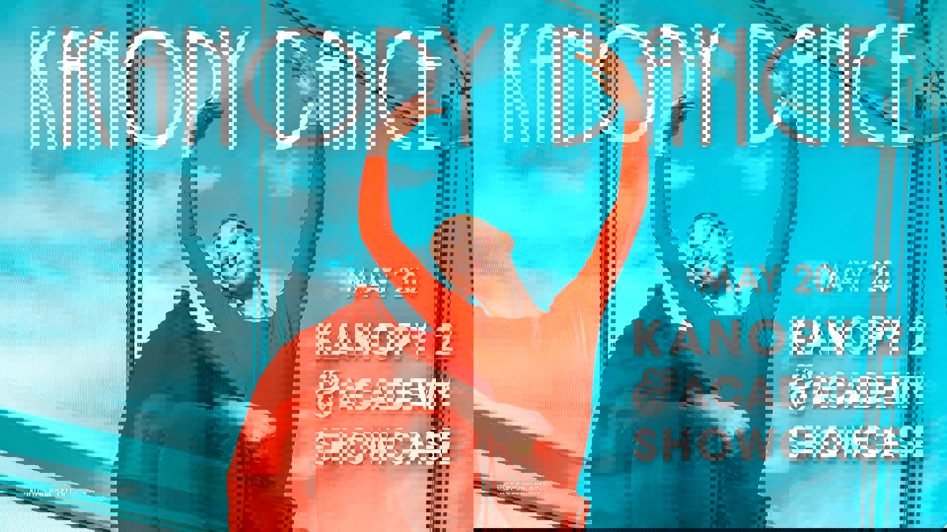 Banner text reads: Kanopy Dance May 20 Kanopy 2 & Academy Showcase. A woman dancer in a red dress strikes a pose against a blue background.