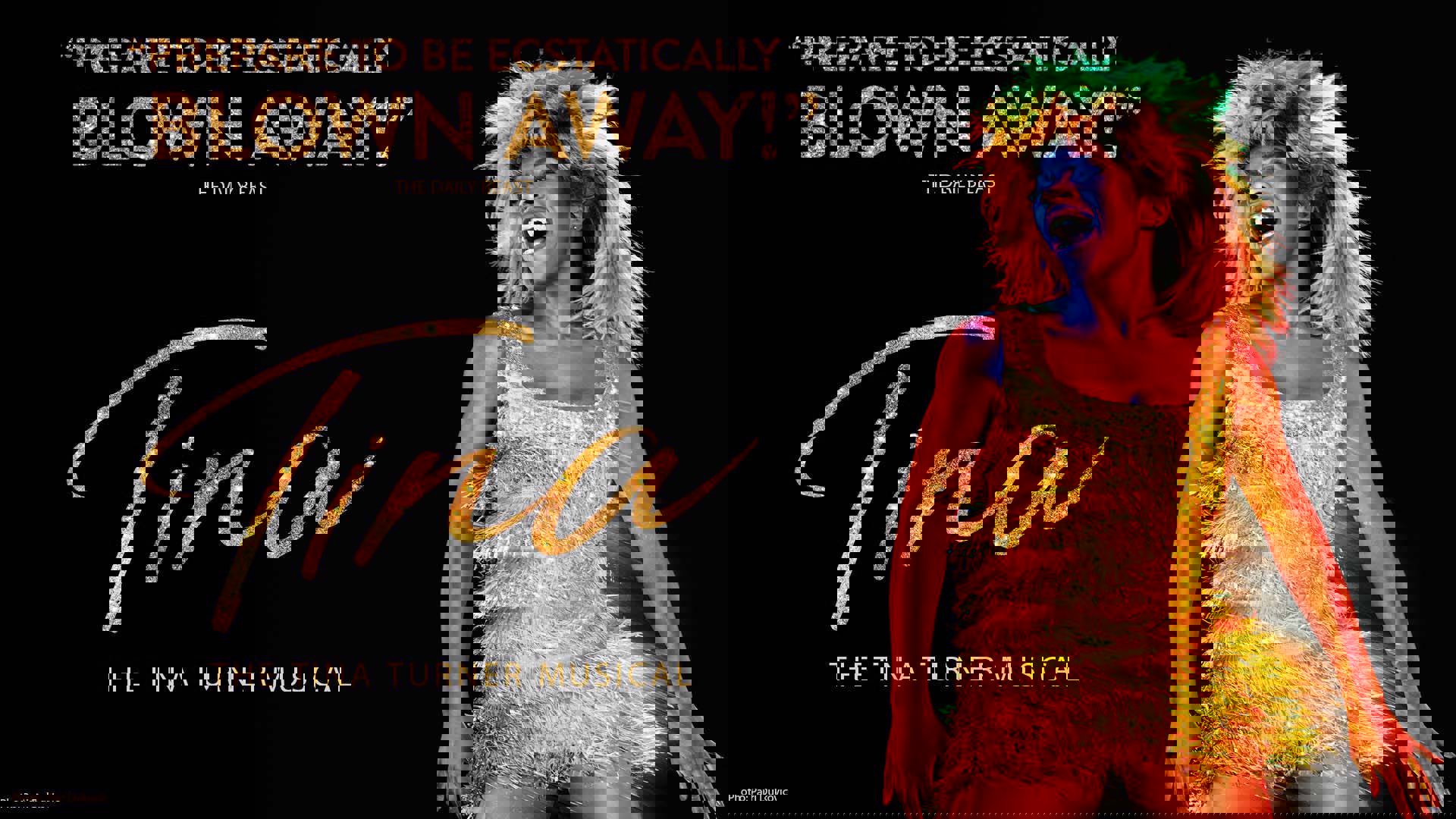 Web banner reads: Prepare to be ecstatically blow away! The Daily beast. Tina The Tina Turner Musical in glittery gold treatment. Next to it is an African American woman with long blond hair and a glittery gold dress performing as Tina Turner