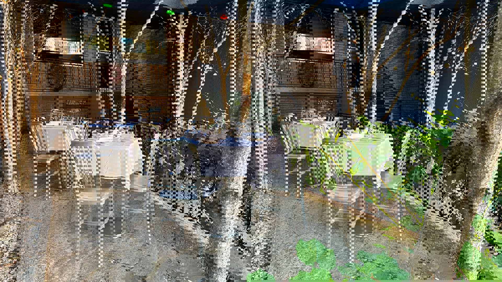 A restaurant patio with two tables on a stone floor surrounded by thin tree trunks and lights.