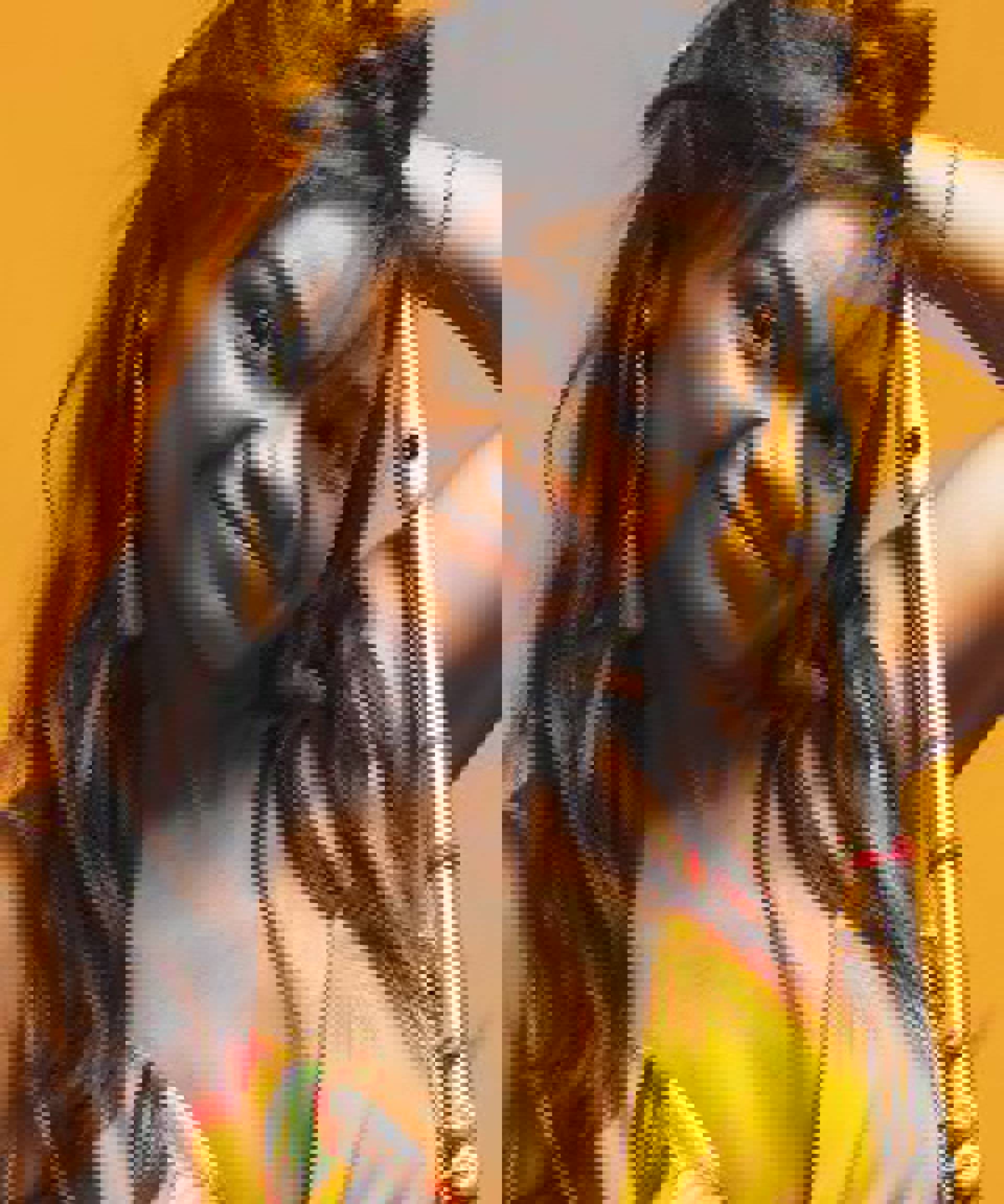 A young woman with medium complexion, a yellow dress, and a flute.