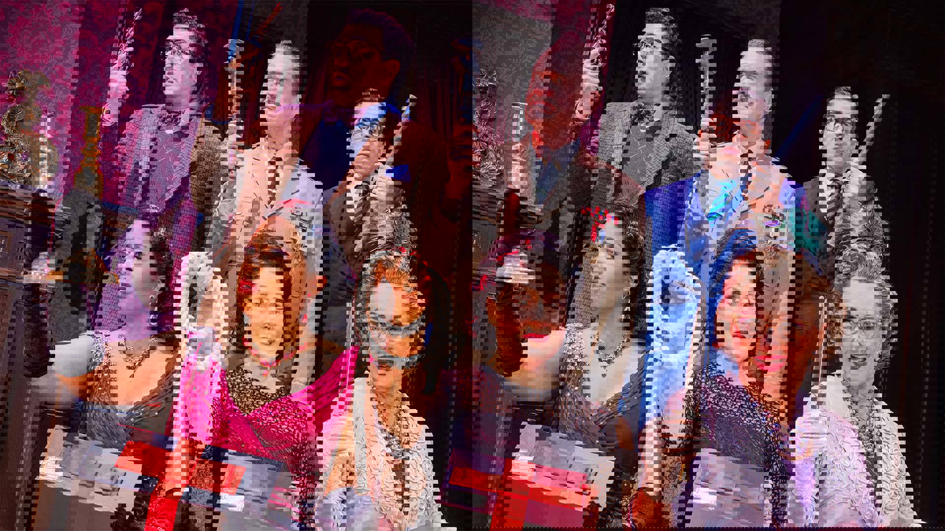 Three women in formal evening attire are seated on a couch. Three men in various suits stand directly behind them. Each actor is staring at the contents of their own black box with a red ribbon containing various murder weapons, looking perplexed.