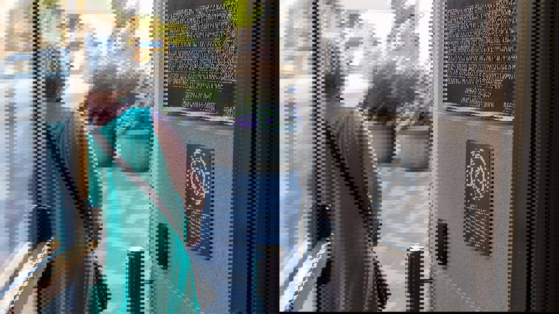 An older woman with short grey hair and green dress walking out of Overture's main entrance. You can see the KultureCity sign that says "Sensory Inclusive Location" in the doorway.