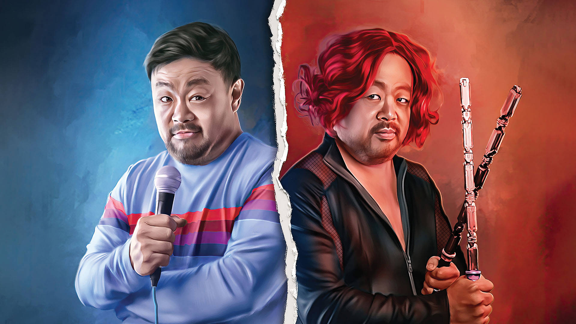 Split banner image of Chris Grace in two different characters. On the left, Chris Grace as a stand-up comedian on a blue background holding a microphone. He has short dark hair, medium complexion, a long sleeve blue shirt with stripes and a goatee. On the right, he is in a Scarlett Johansson "Black Widow" outfit on a red background. His hair is red and he is holding two staffs in a fighting position. He has a black zip-up top.