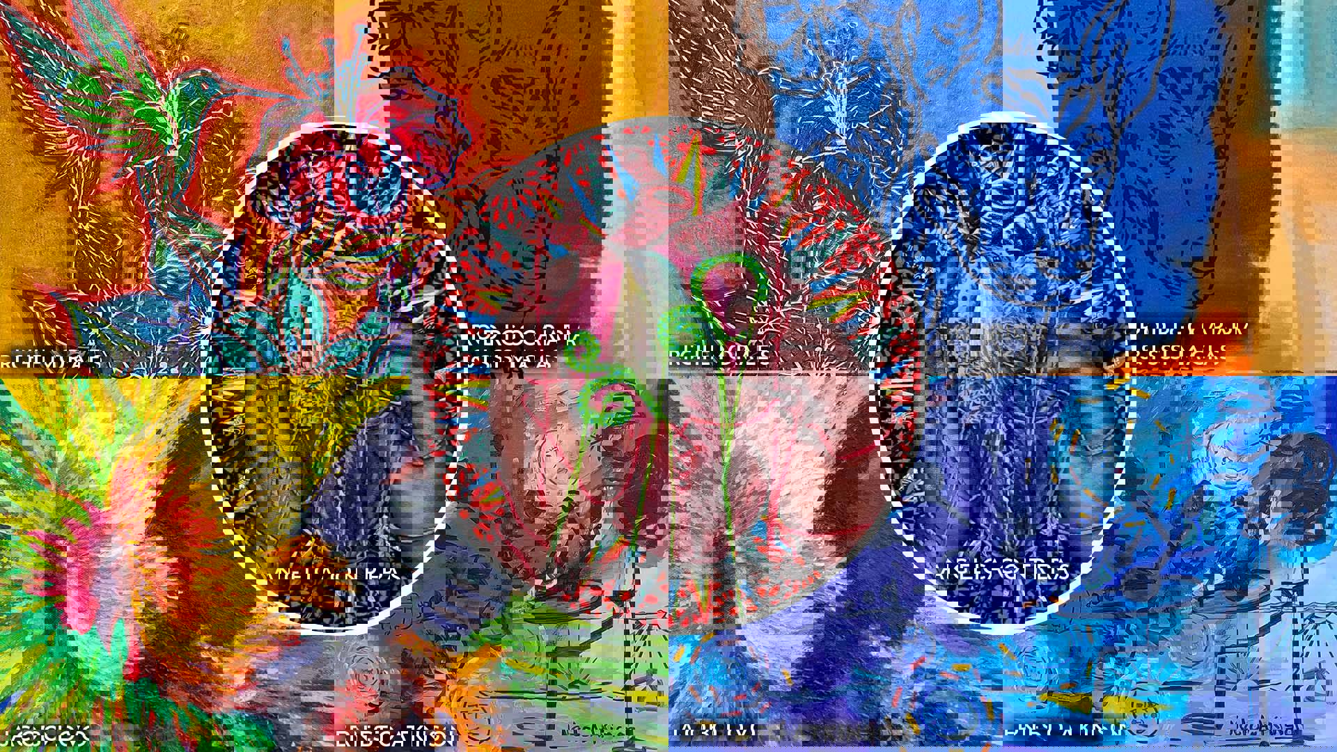 Colorful collage of 4 artworks in a grid with a fifth piece cropped into an outlined circle in the center.