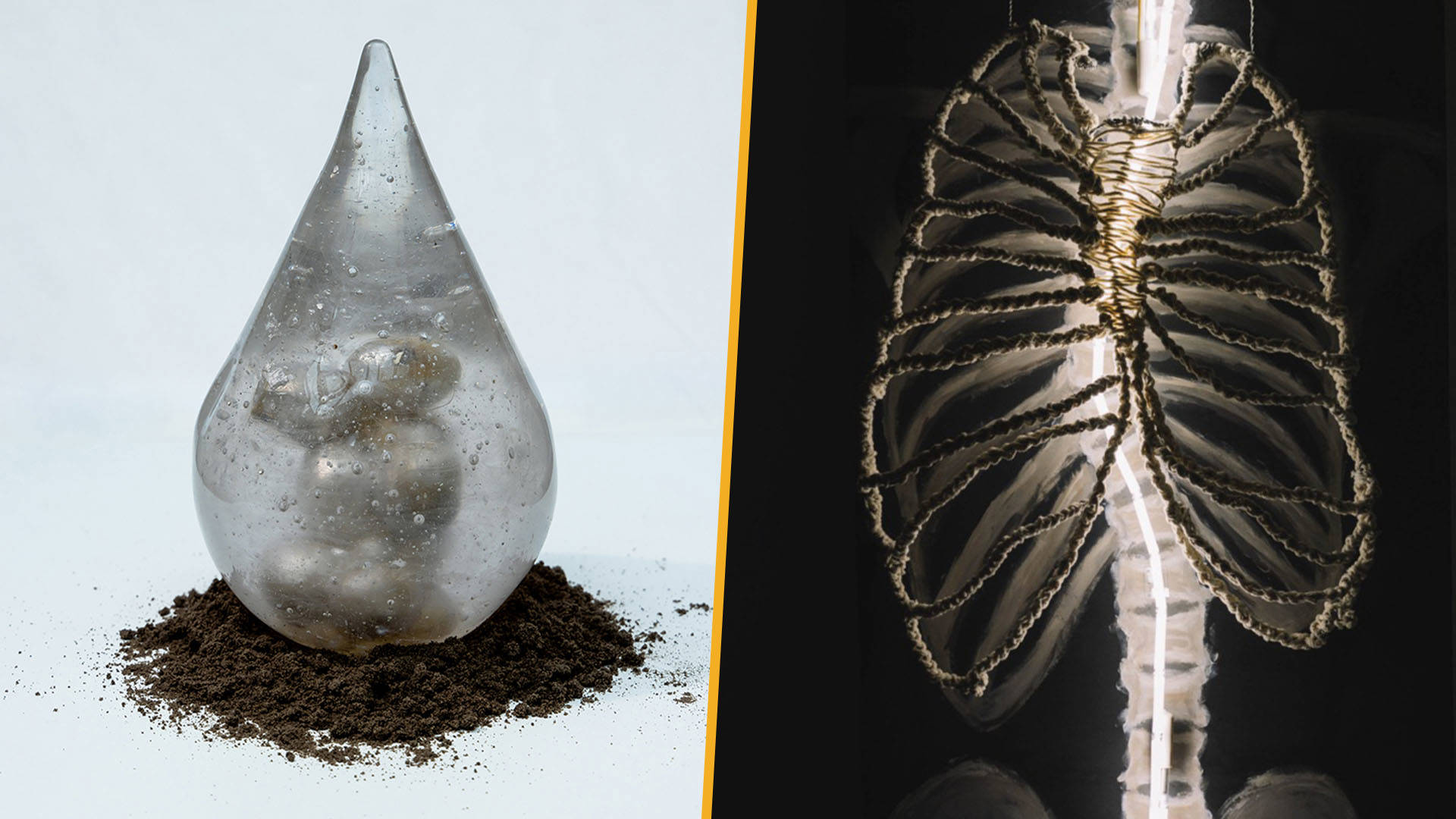 Two pieces of artwork. On the left, a raindrop shaped opaque sculture with grey orbs inside on a small pile of dark dirt. On the right, a scultrure depicting human chest bones made out of twine and a spine.