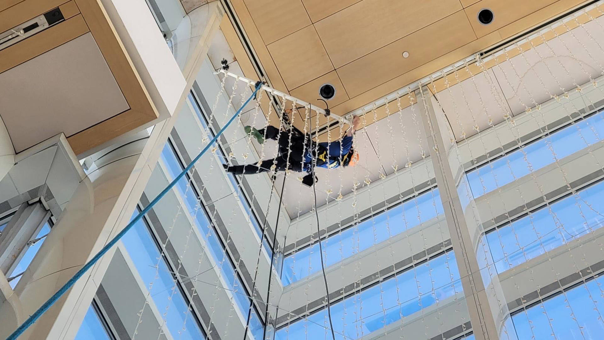 A worker using climbing gear hangs lights from the top of Overture Hall Lobby.