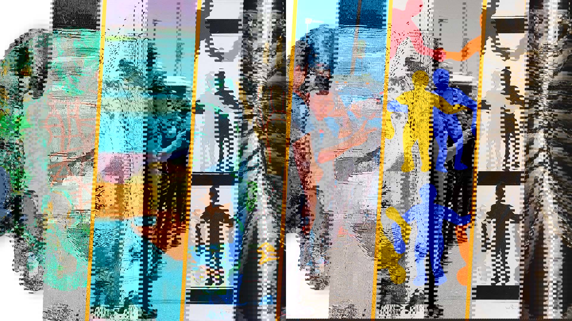 Collage of six different pieces of colorful art, sculptures and photography.