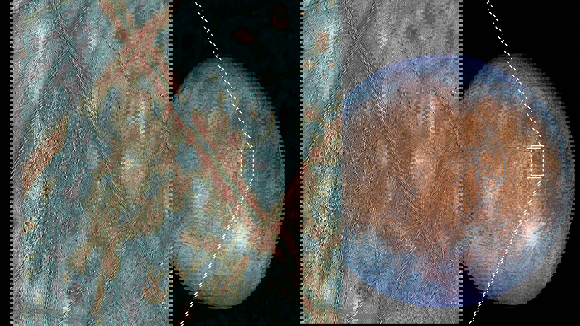 Zoomed in view of Europa, one of Jupiter's moons. Blue and copper vein-like design in a square with the round moon to the right.