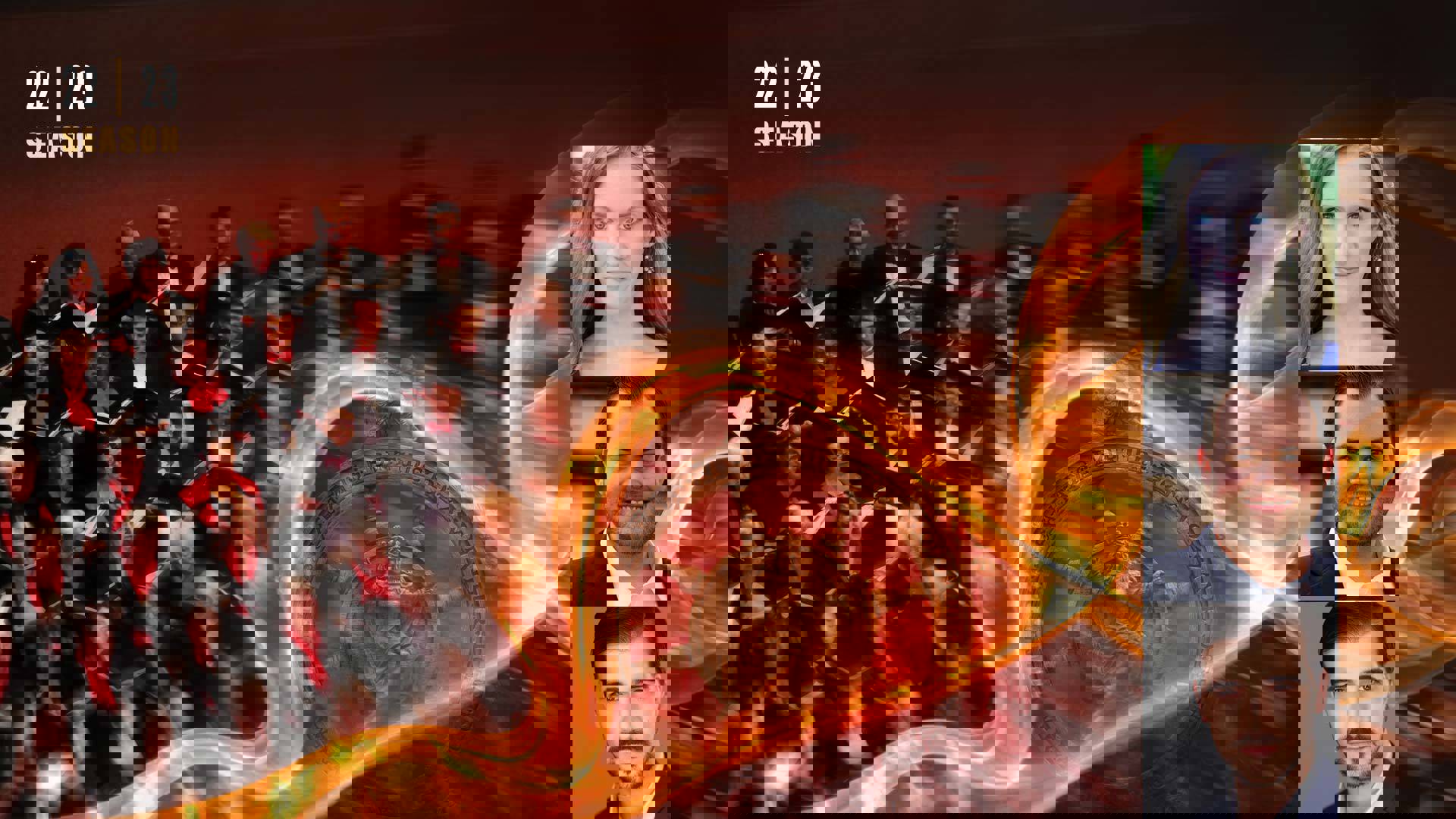 Banner text reads: 22 | 23 season. Image include a hazy view of a choir and three headshots of concert soloists: two men with short black hair and one woman with long blonde hair