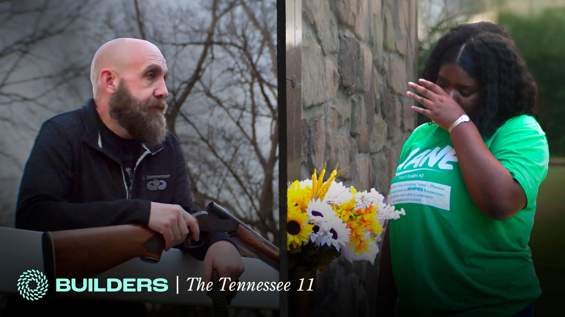 split image of a man and a woman. The man on the left has light complexion, a beard and is cradling a shotgun. The woman on the right has dark complexion, dark long hair and is weeping with some flowers.