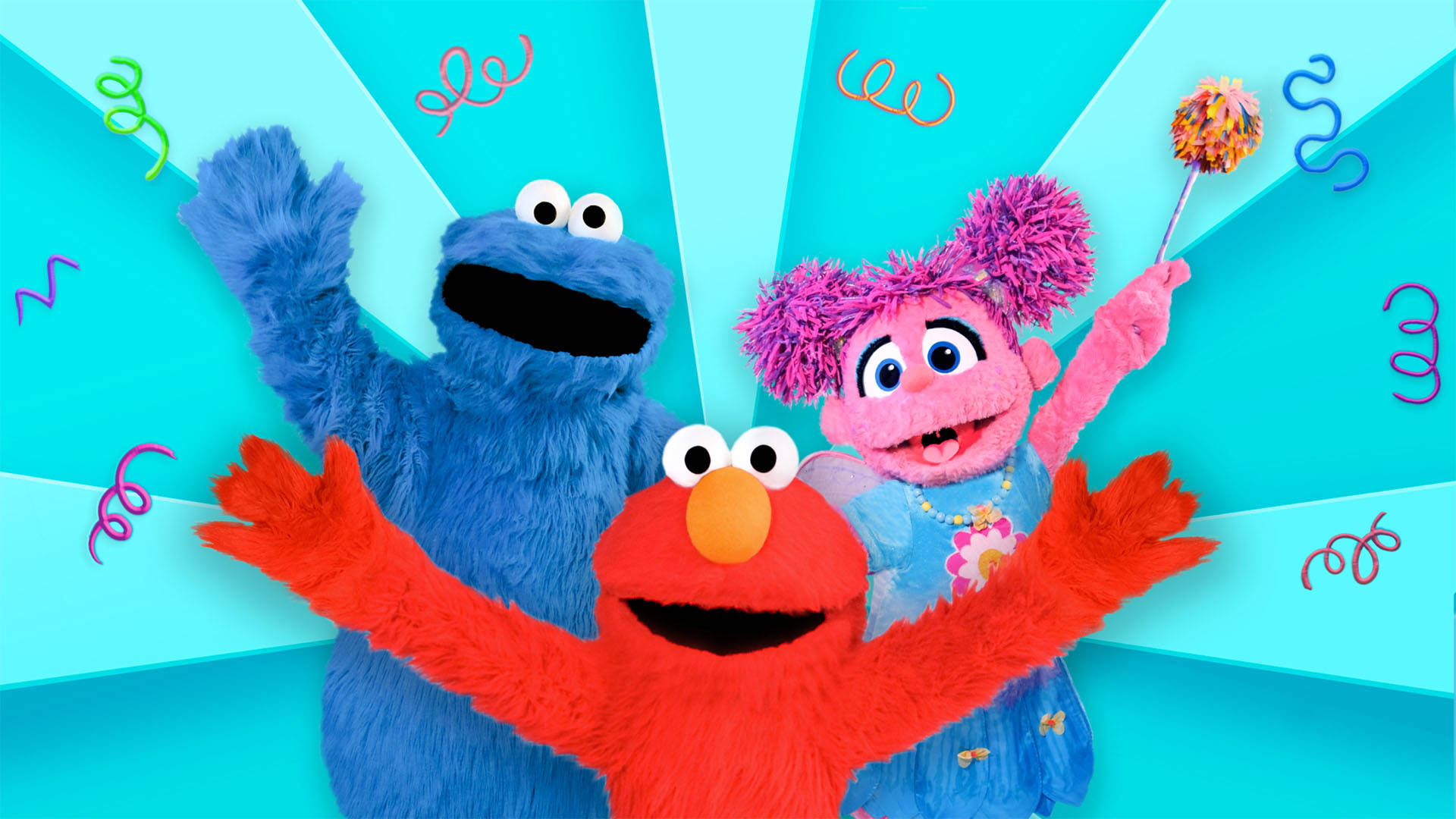 Light blue banner featuring three puppets, blue Cookie Monster, red Elmo and pink Abby Cadabby at the center with confetti.