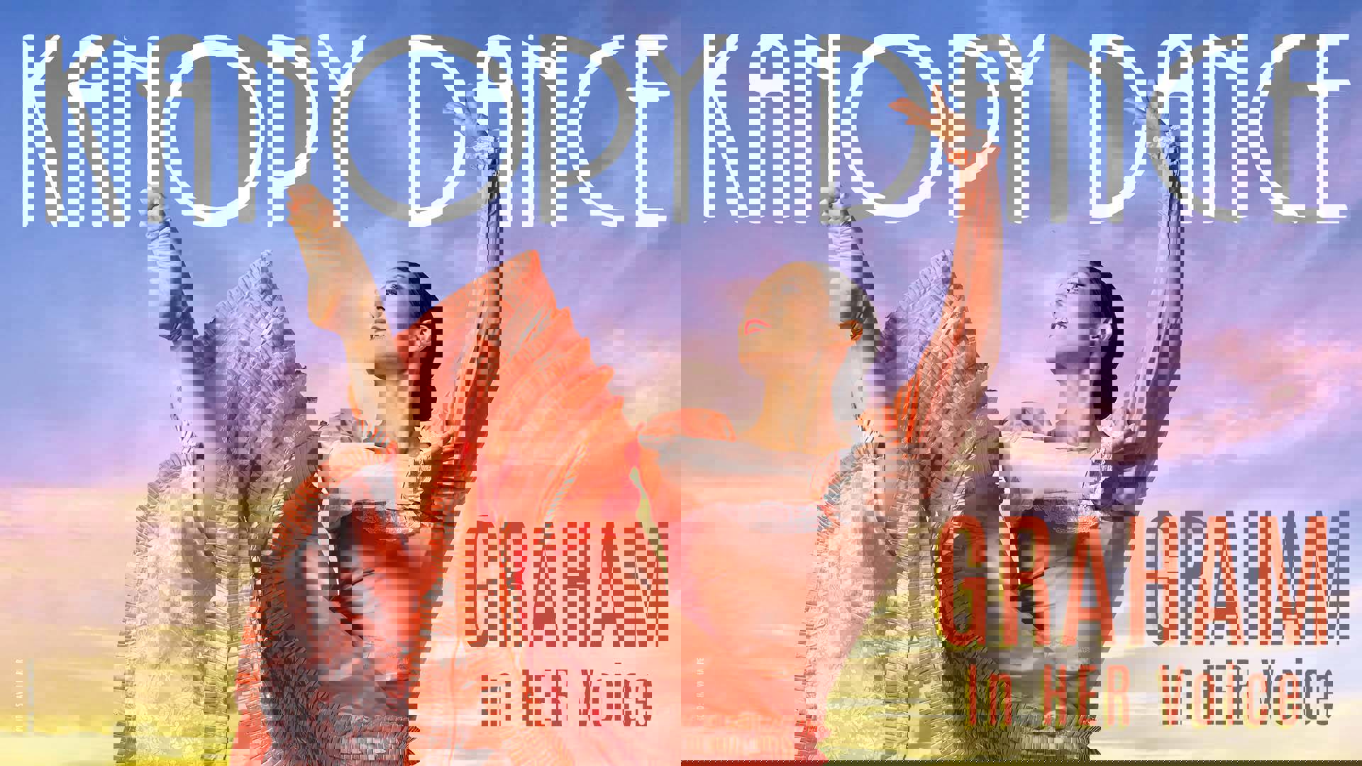 Banner text reads: Kanopy Dance Graham in her voice. A woman in a salmon colored dress dances against an evening sky