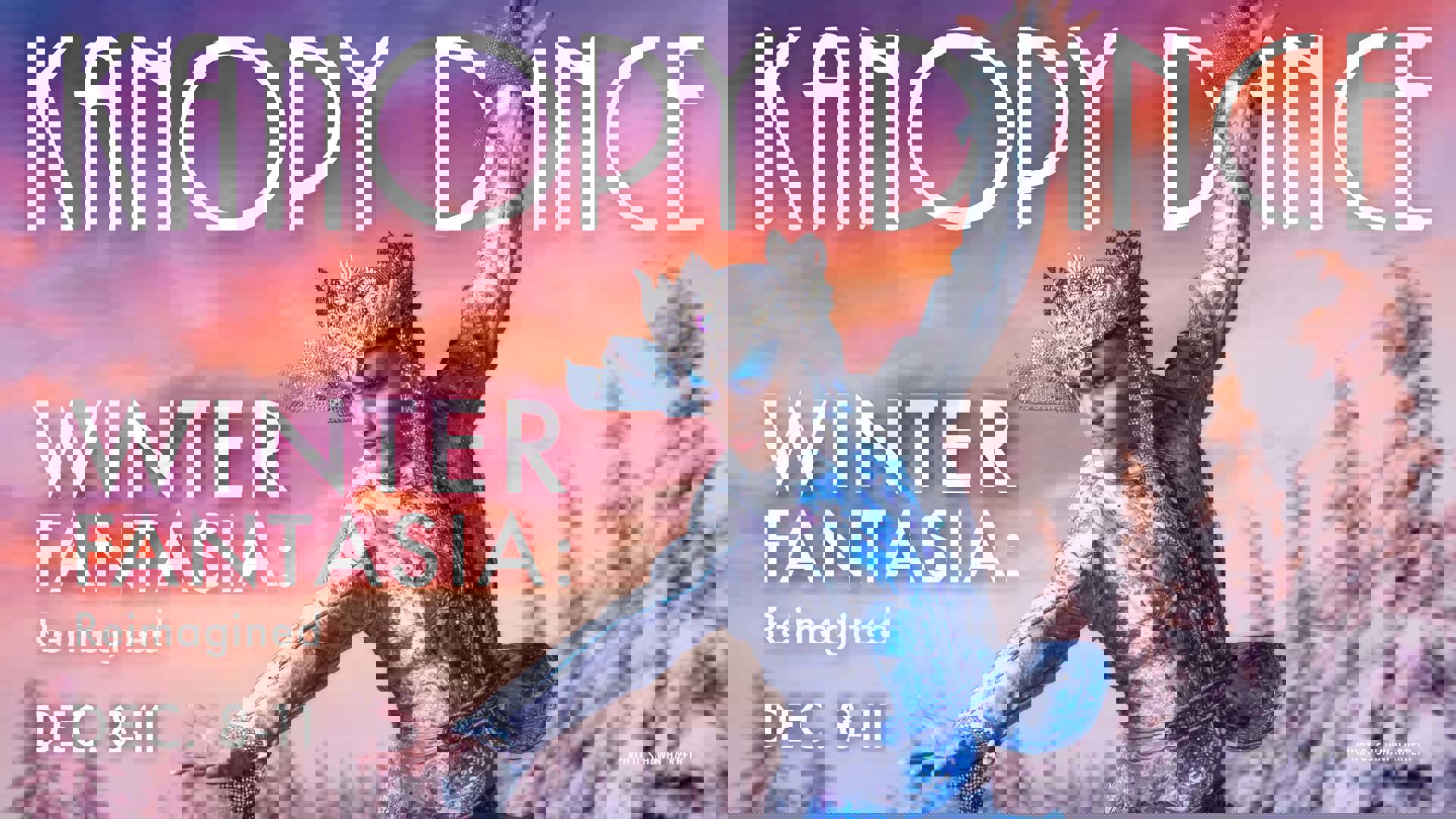Banner text reads: Kanopy Dance Winter Fantasia: Reimagined Dec. 8-11. A male dancer in a white and blue outfit and an extravagant head decoration strikes a dance pose.