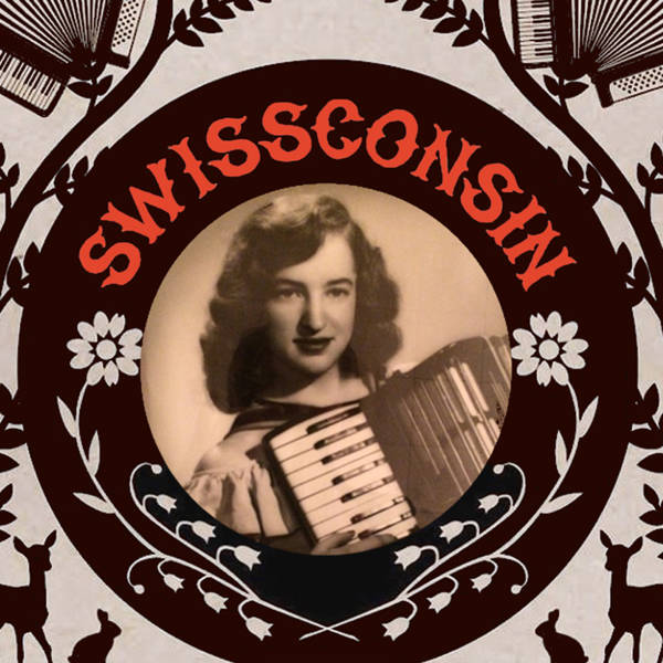 An old photo of a woman with light complexion and long hair in sepia tones holding an accordion. The dark thick border of the photo has flower designs and reads, "Swissconsin."