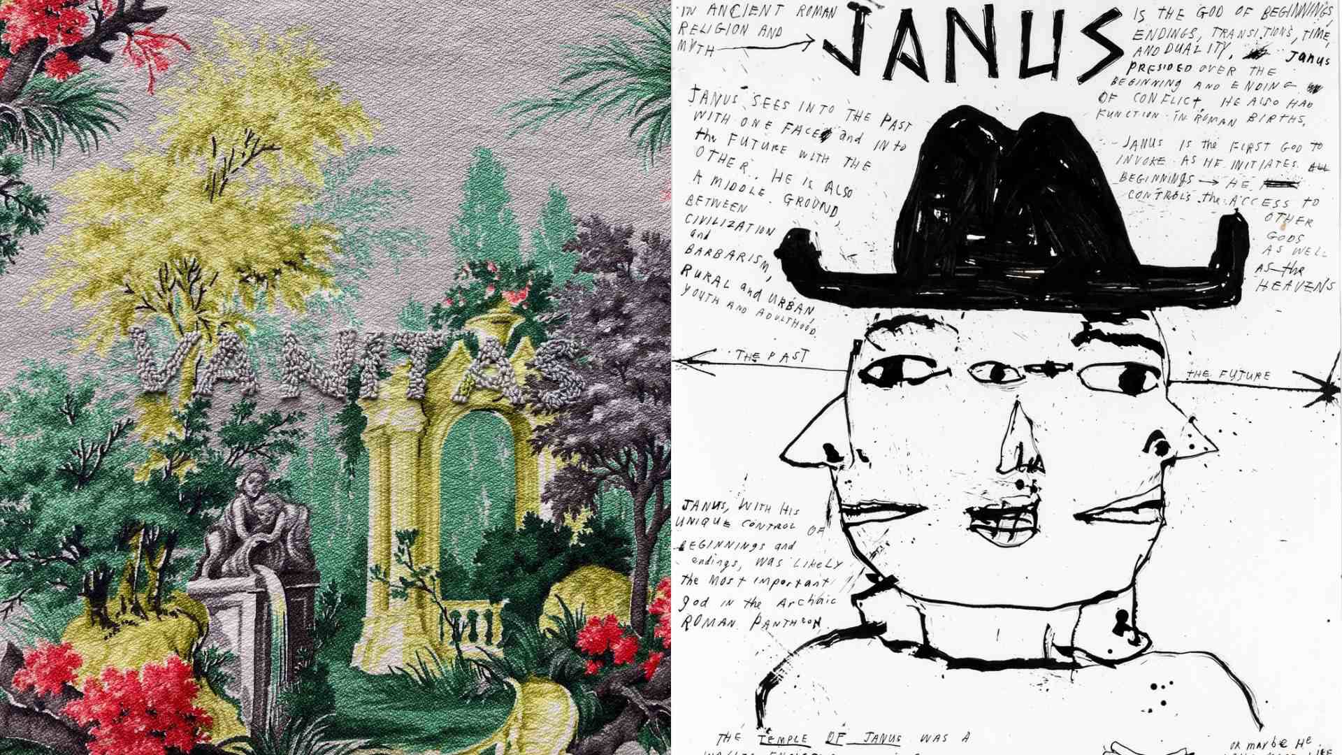 Split graphic of two pieces of art. On the left, an impressionist image of a lush garden with green, yellow, red, and grey colors. On the right, a black and white human-like figure with multiple faces, a black hat, and the word, "JANUS"