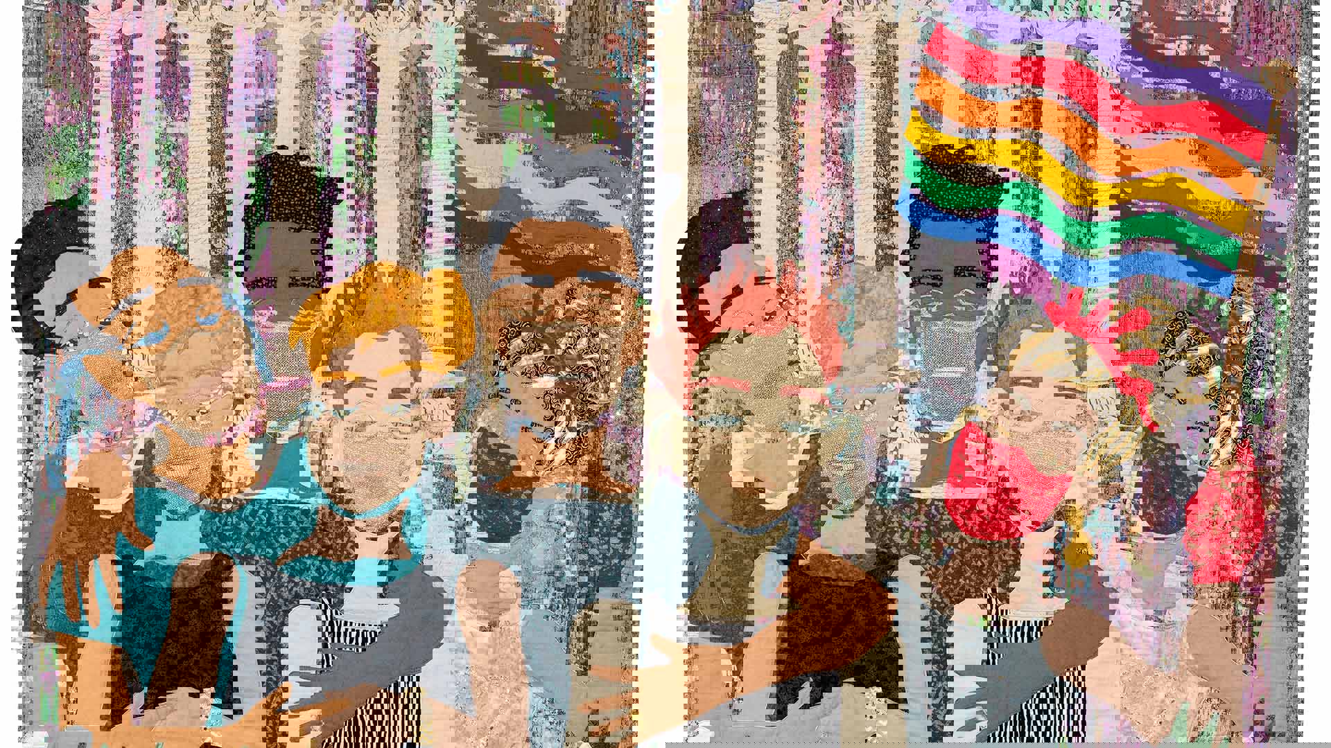A textile collage featuring five diverse people wearing masks. One is holding a rainbow pride flag. Artwork by by Jo-Ann Morgan.