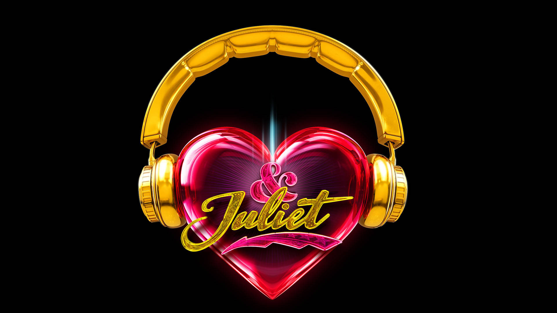 Black banner reads: "& Juliet." A shiny 3D pink heart with golden over-ear headphones.