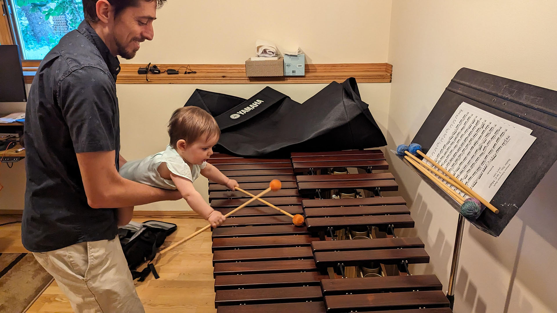 A smiling caucasian man with short dark hair and a shortsleeve button up shirt holds a baby girl over a marimba so she can try playing with two orange mallets.