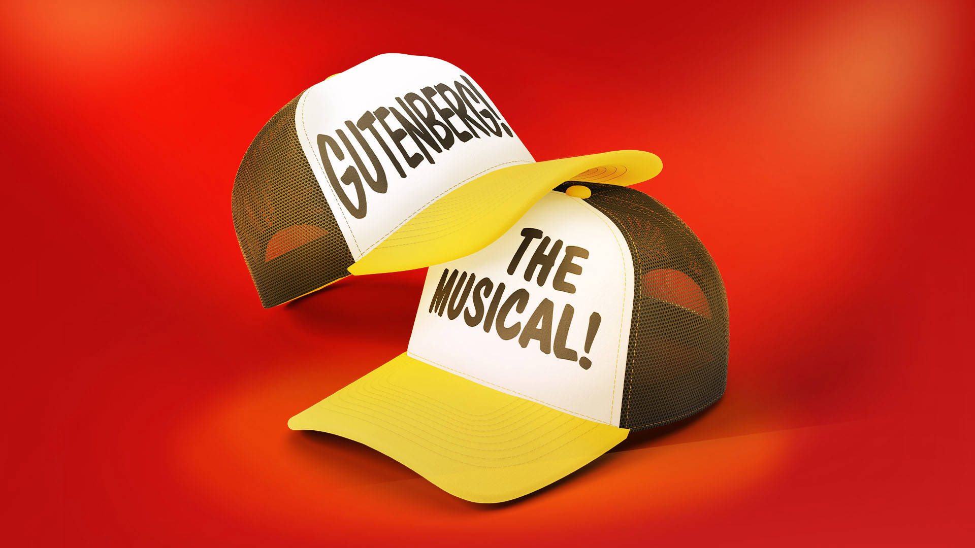 Red banner with two red, white and yellow trucker hats that read: "Gutenberg! The Musical!"