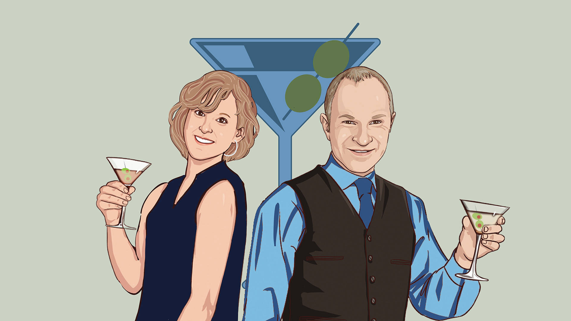 Light green banner with cartoon illustrations of Tim, an older white man in a vest and tie, and Karra, a woman with chin length light brown hair in a blue blouse, holding martini glasses with olives.