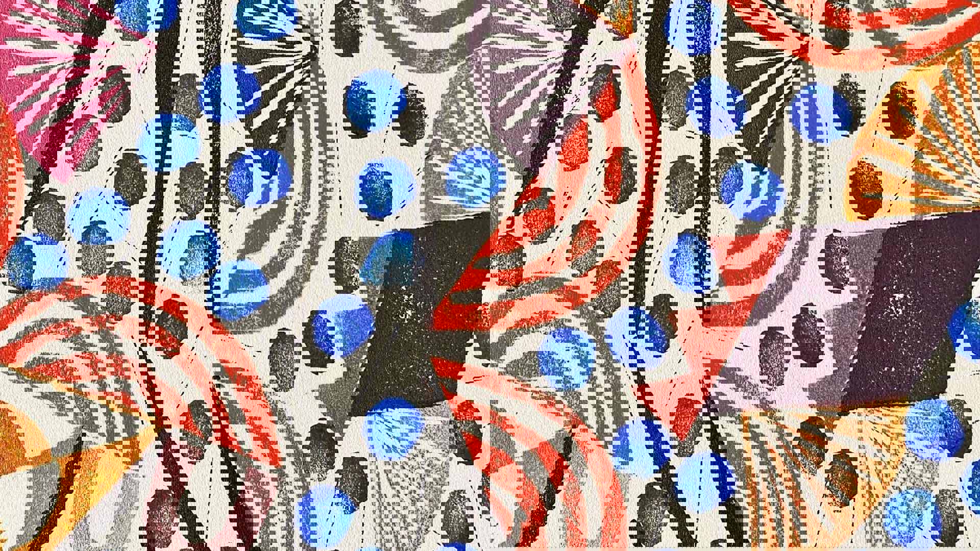 A painting of colorful dots, lines and shapes.