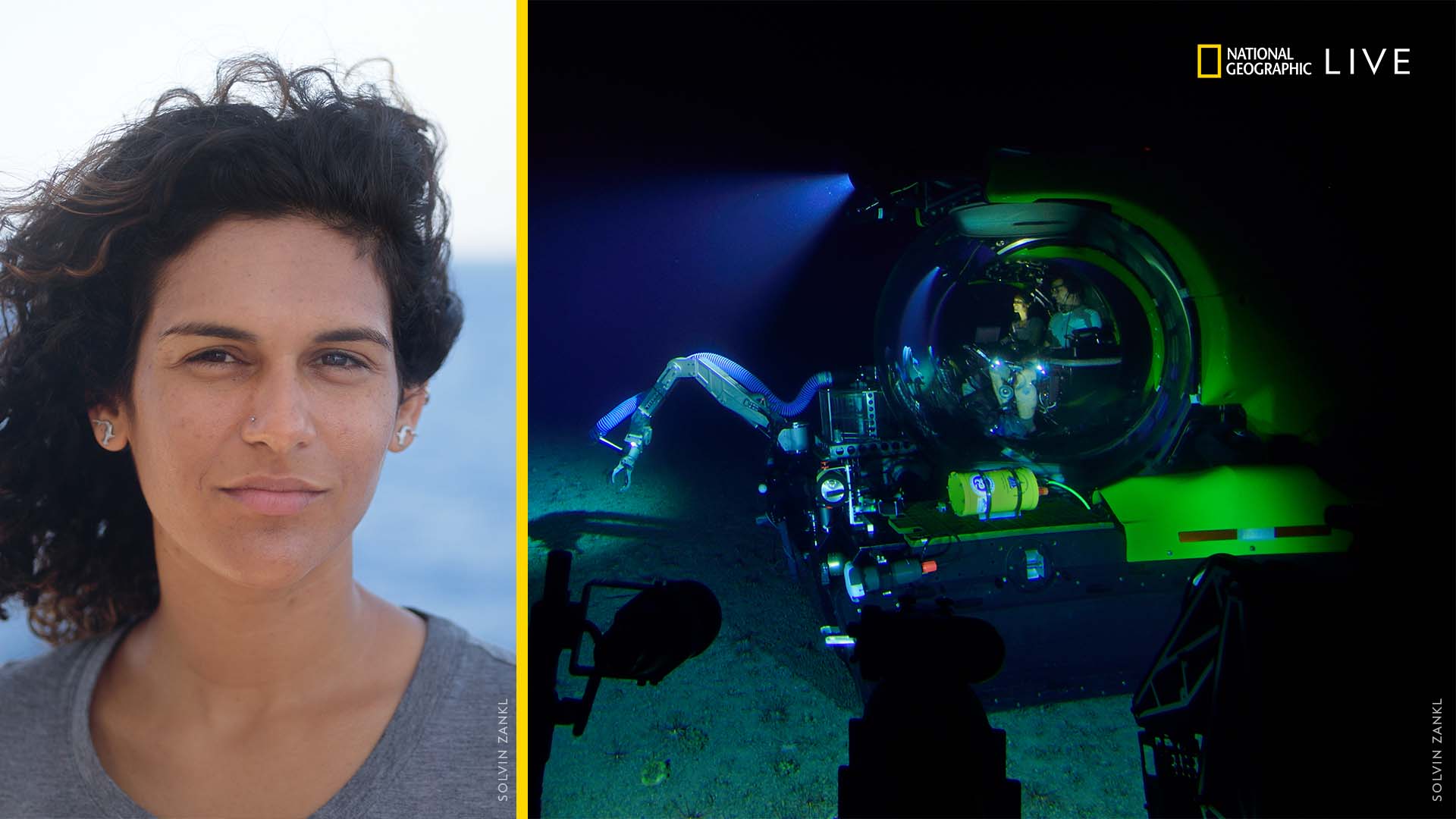 Headshot of Diva Amon. She has dark wavy hair, brown eyes, and a grey Tshirt on. Next to her is an image of an elaborate yellow deep sea vehicle with mechanical arms and tools. Two people are inside a central see-through bubble.