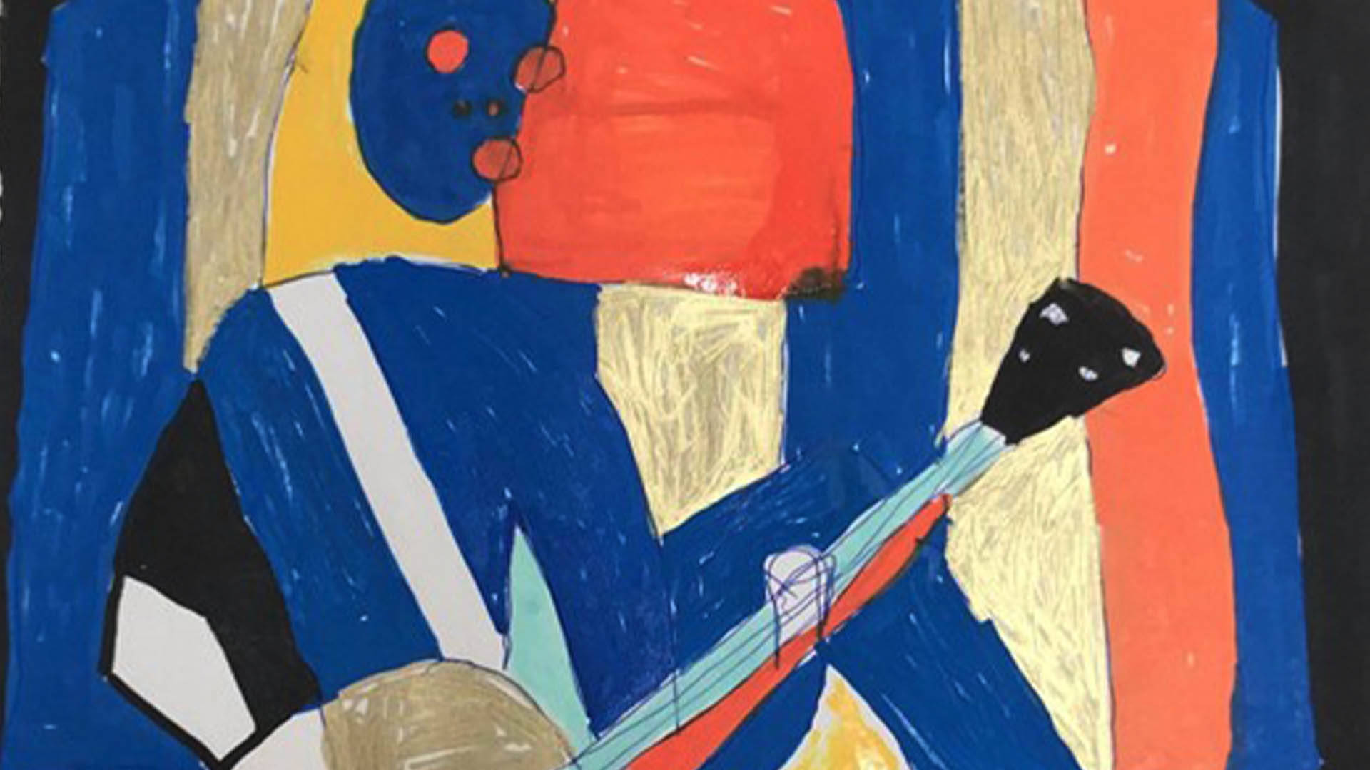 A colorful painting of a human-like figure playing a guitar.
