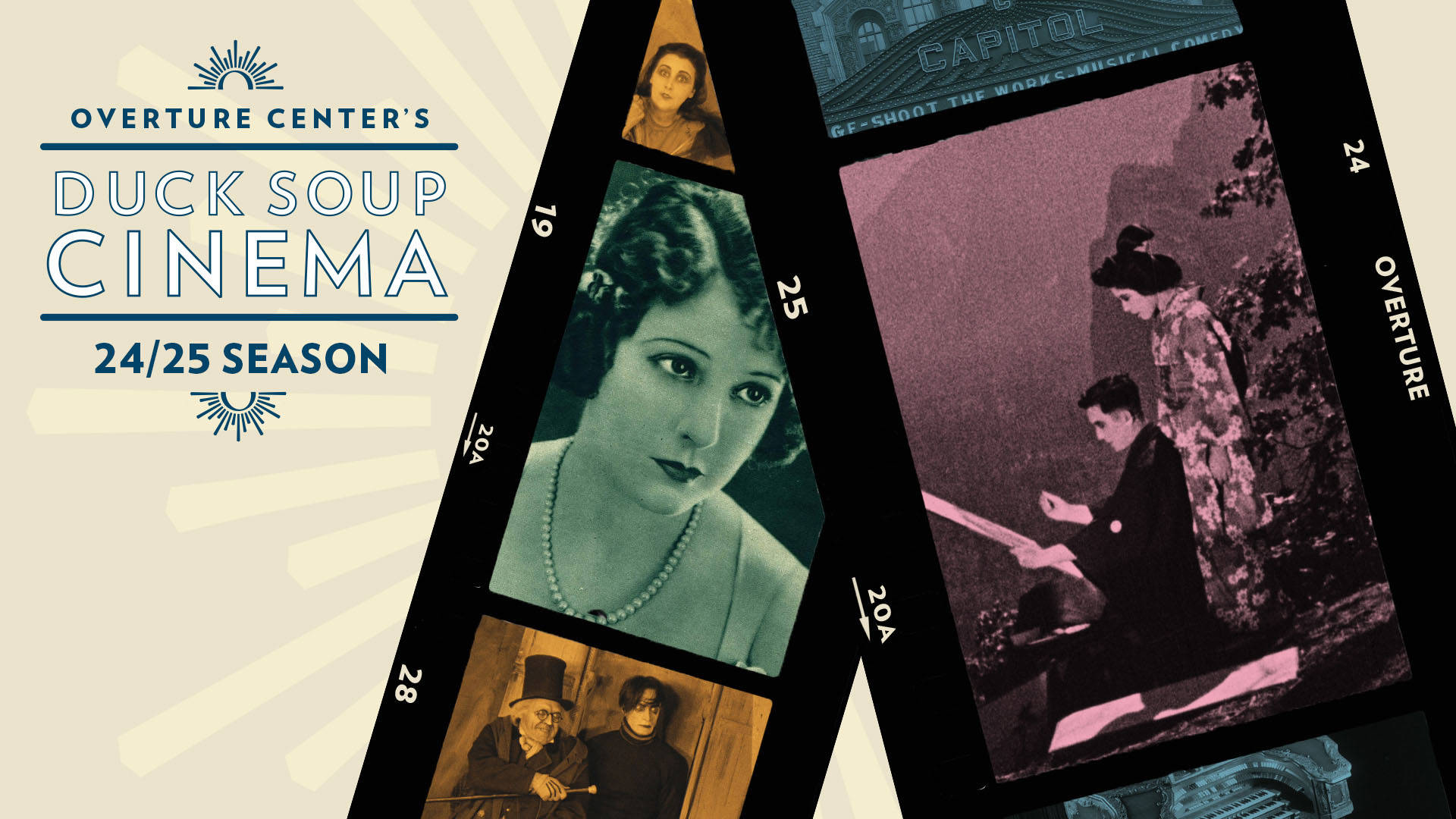 Cream banner reads: "Overture Center's Duck Soup Cinema, 24/25 season." Two kodak film strips overlap to the right with film stills from 1920s silent films.