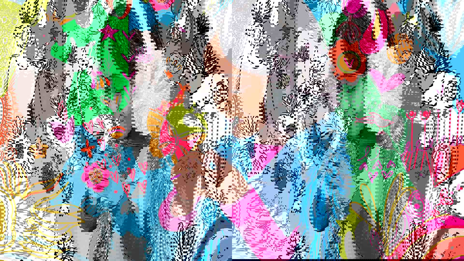 Digital illustration of a girl with dark complexion holding a white flower to her nose. She is wearing white fluffy earmuffs and the background is a vibrant collage of doodles.