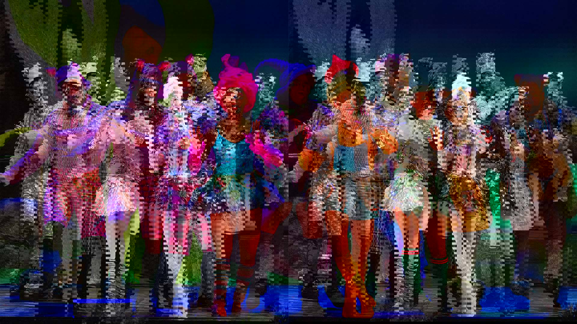 The ensemble of Shrek performing on stage in whimsical costumes that depict various animals: the three pigs, brown bears, fairies, etc.