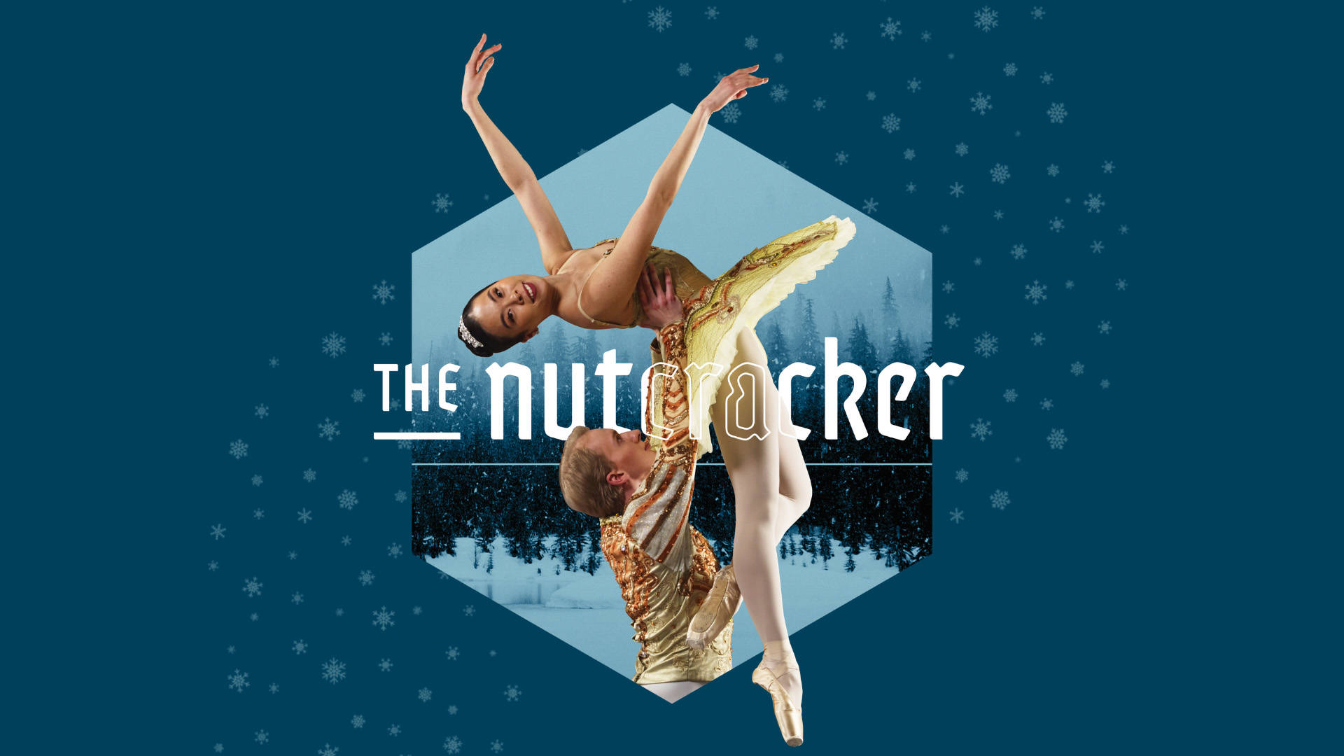 Banner text reads: The nutcracker. A male dancer in gold lifts a female dancer in a tutu against a blue background.