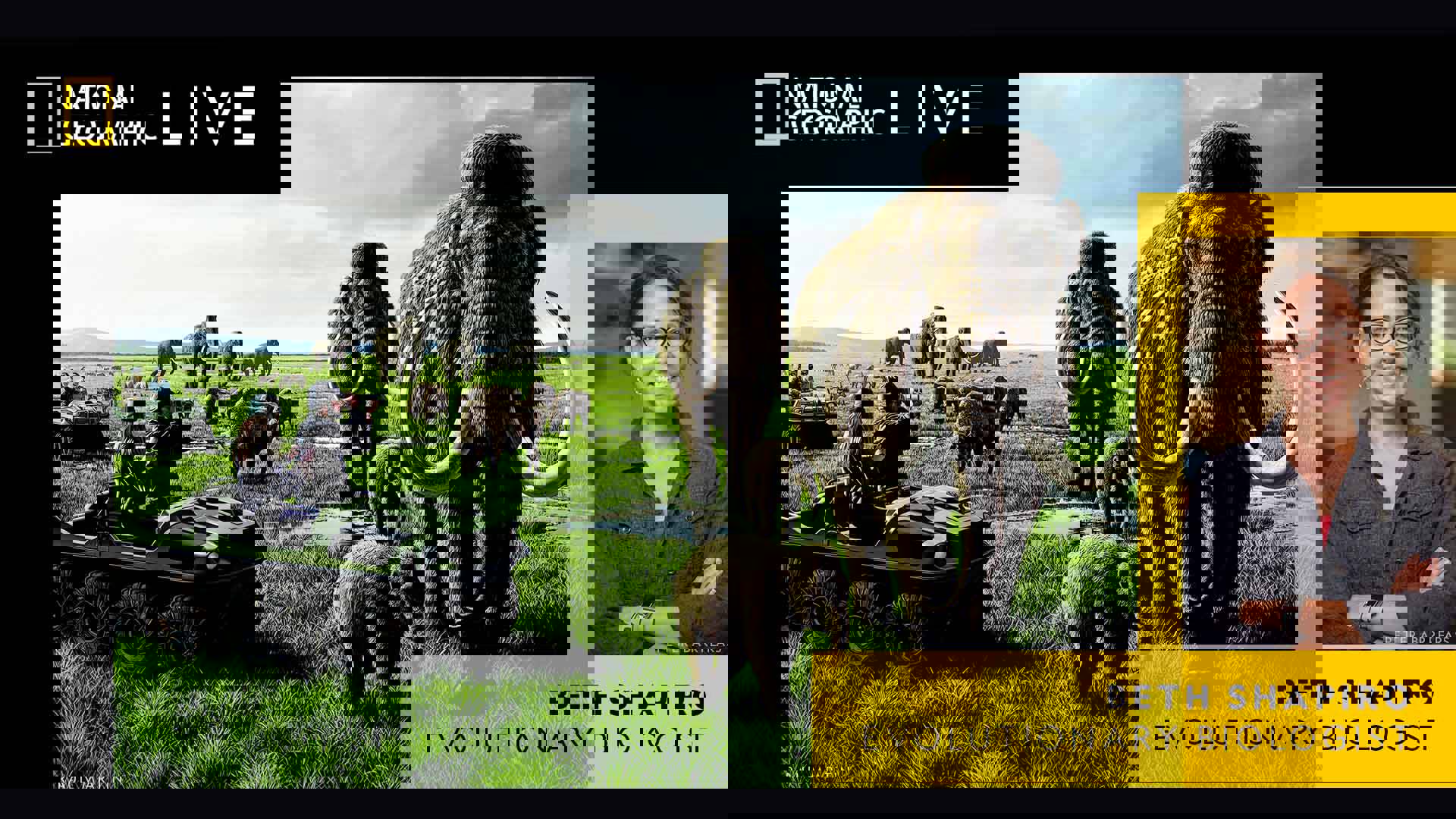 An animated image of mammoths roaming a grassy field with people in trucks watching them through binoculars. Next to the animation is a headshot of Beth Shapiro: Evolutionary Biologist.