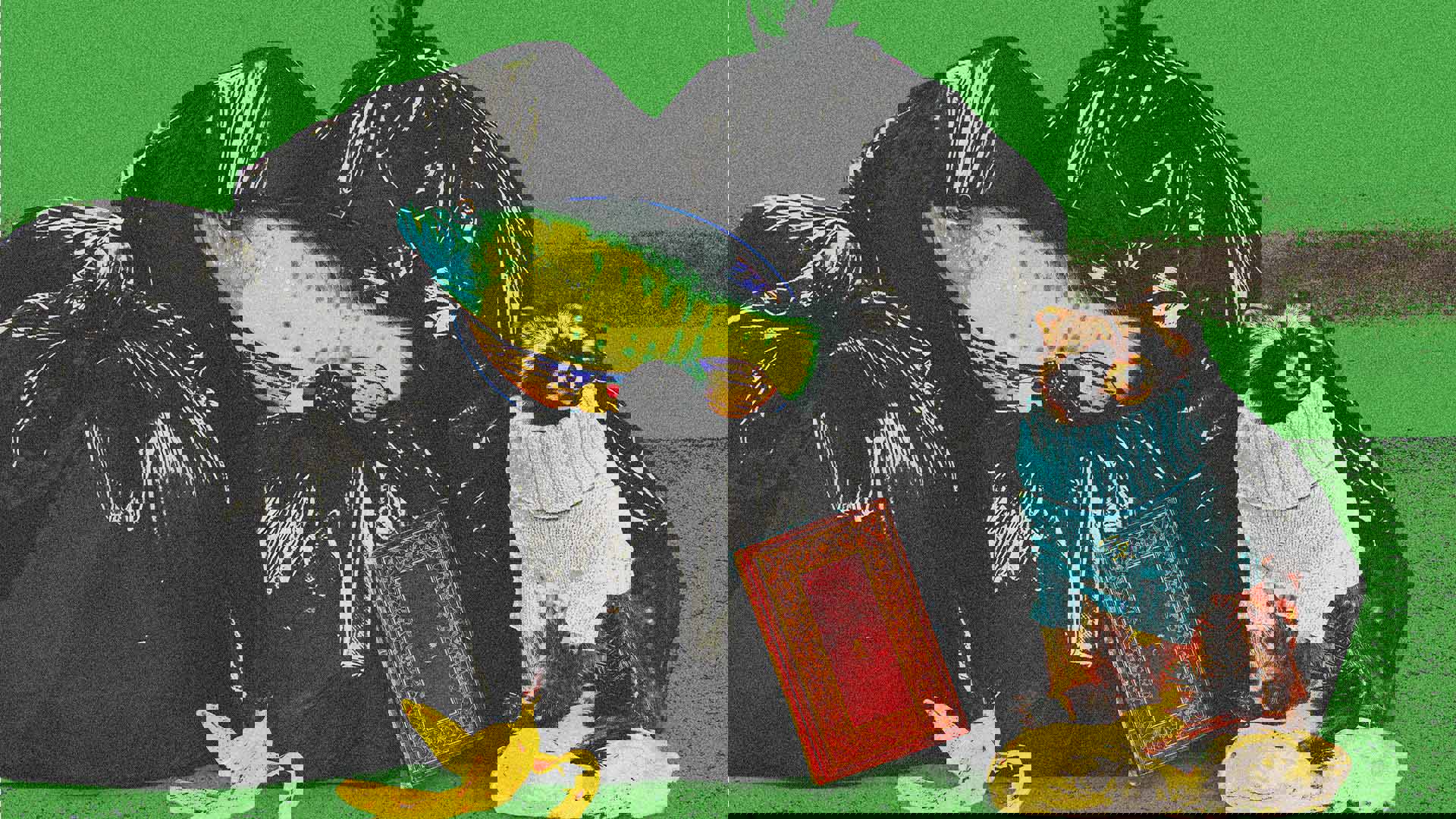 Artistic green banner featuring trash bags and an odd collections items including an ornate book, fish, banana peel, and a racoon in a sweater