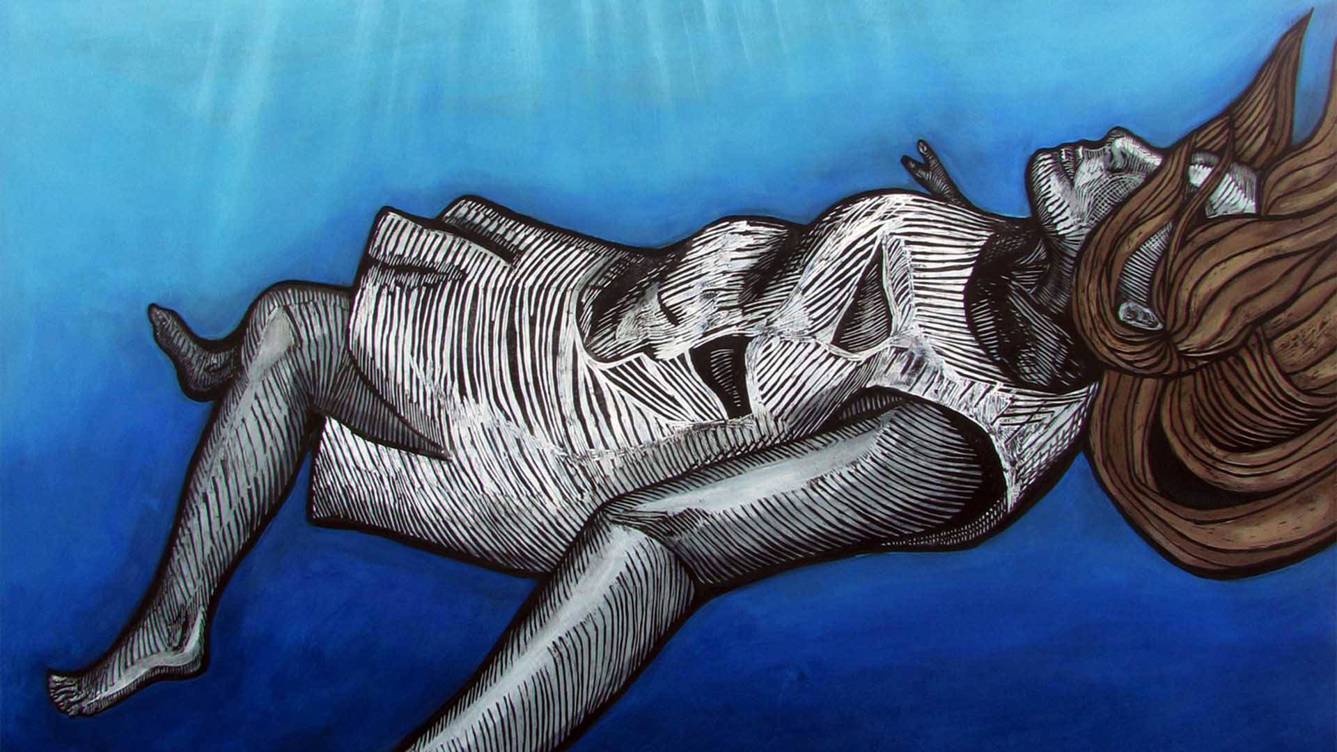 A painting of a woman sinking through water. Her skin is grey and her hair is brown. She is wearing a white dress.