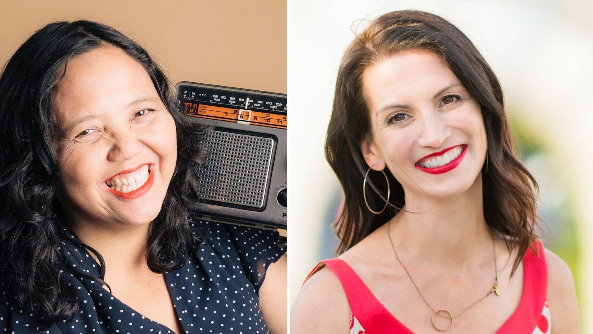 Two headshots edited side by side. Headshot 1: Little Miss Ann is a Filipino American woman with medium long dark hair. She is smiling and holding an old-fashioned radio. Headshot 2: Suzi Shelton has long brown hair. She is smiling with red lipstick and a pink tanktop.