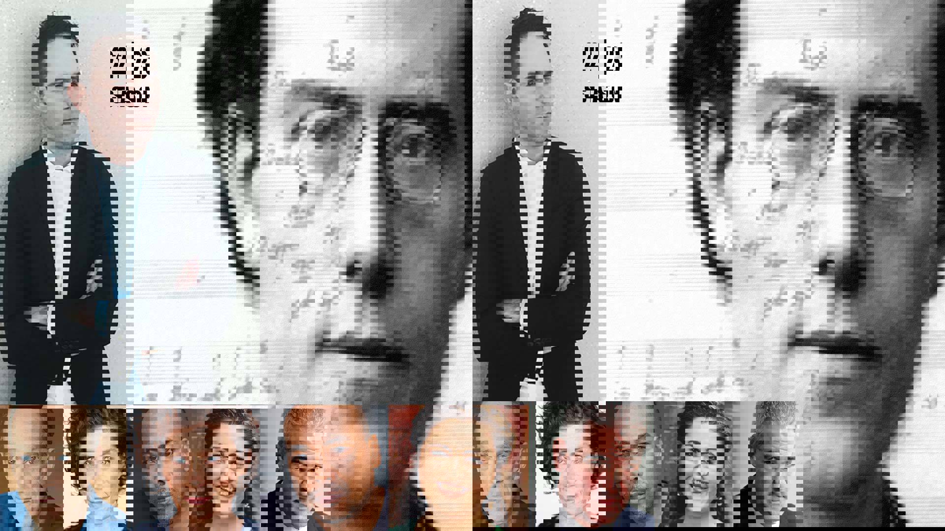 Banner text reads: 22 | 23 season. composite image of a black and white photo of Gustav Mahler and a variety of performer headshots.