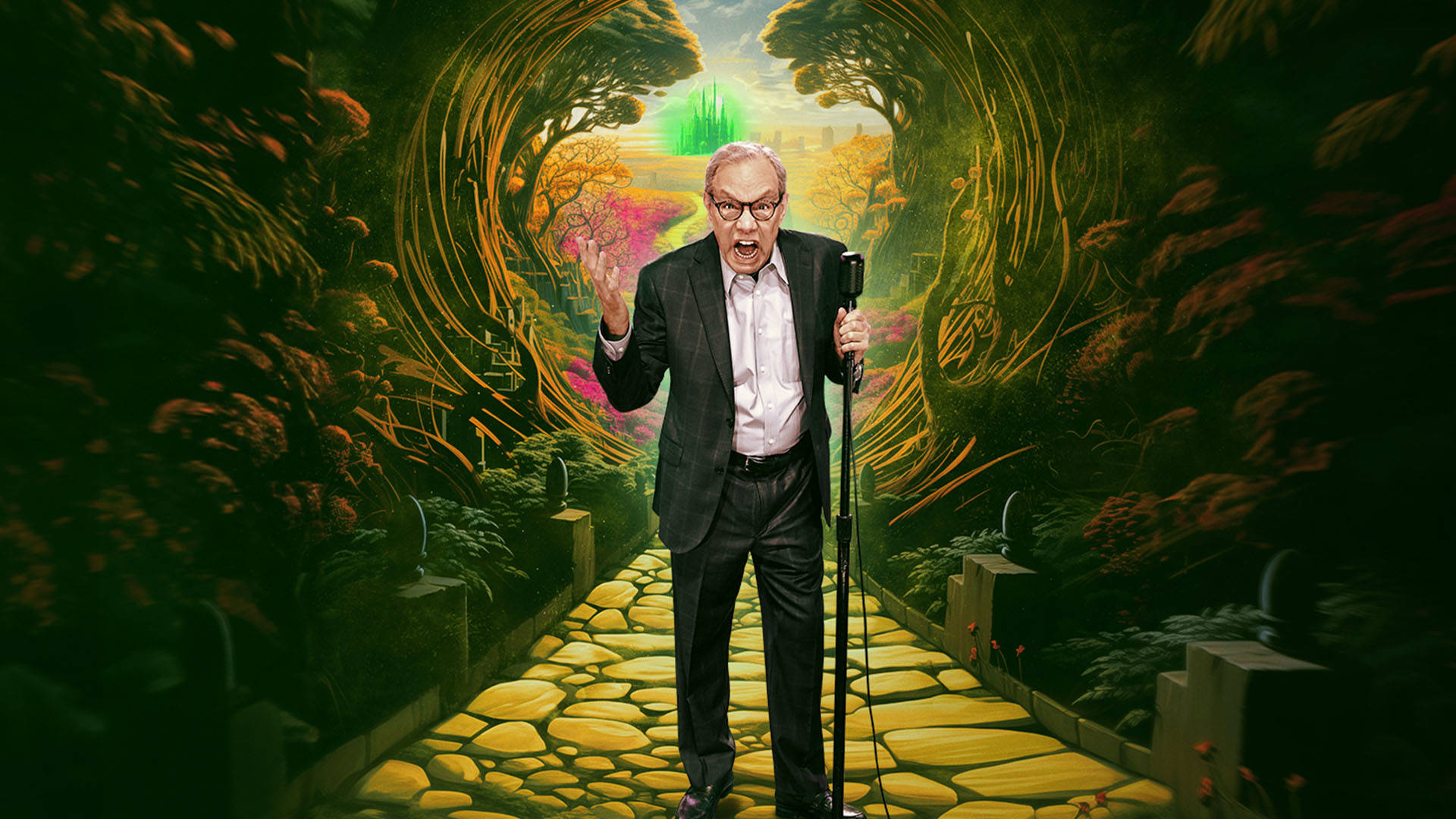 Illustration of Lewis Black, an older white man with grey hair and a grey suit, standing, holding onto a microphone, and holding up his right hand as he speaks insistently. He is set on a Wizard of Oz yellow brick road with trees and the emerald city in the background