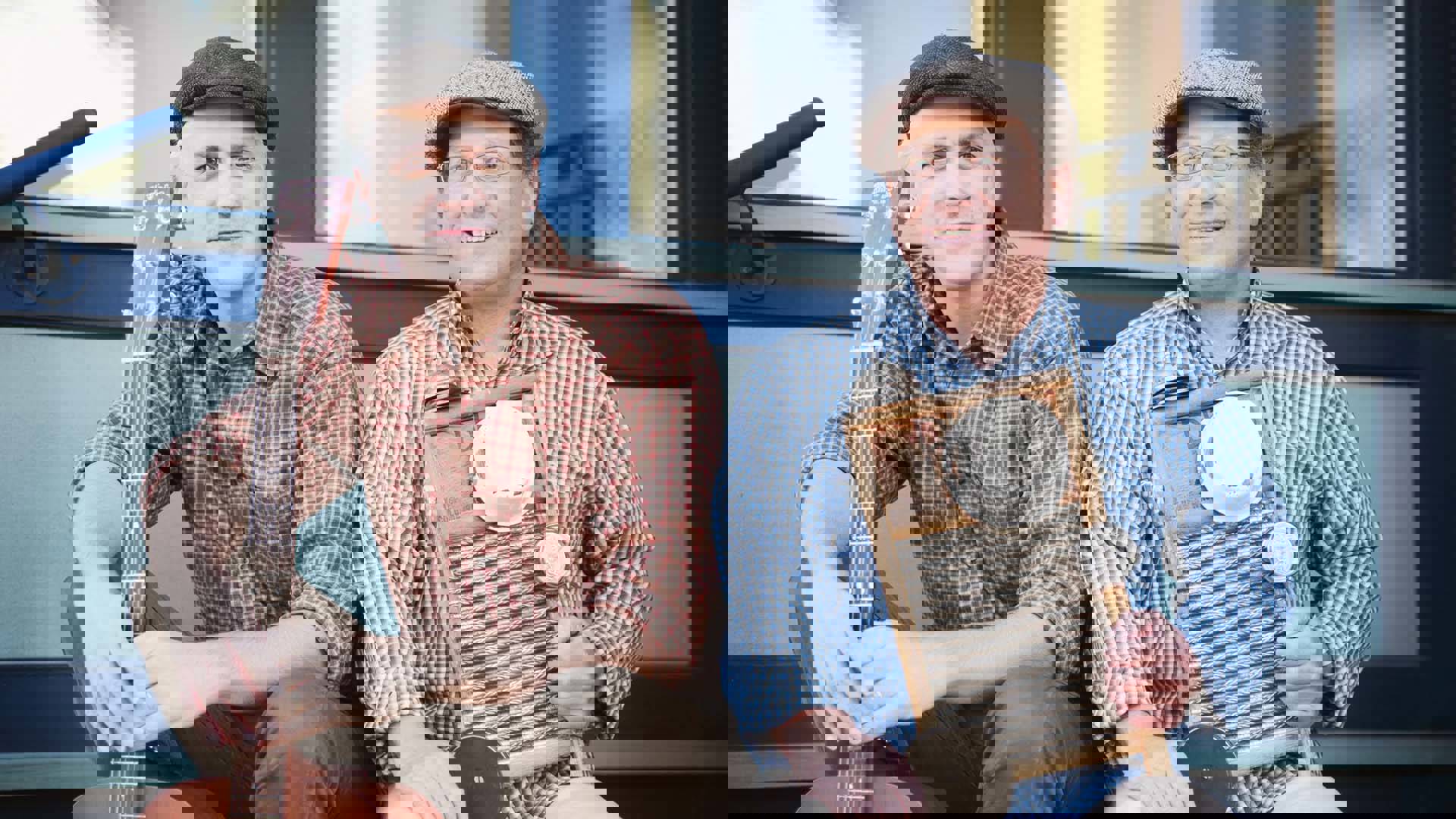 Two middle aged men with light complexion, button down shirts and caps. One is holding an acoustic guitar and the other is holding a washboard.