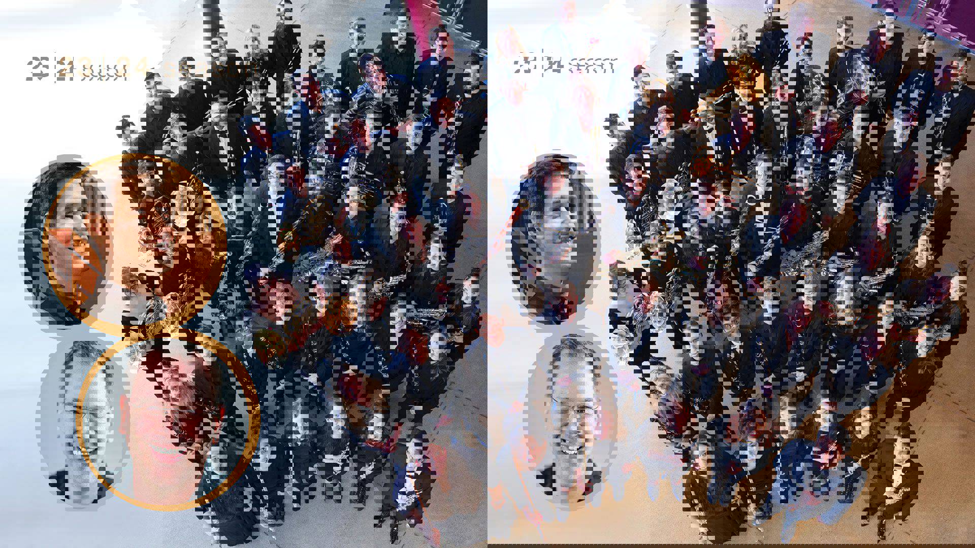 A group of collega ged wind instrumentalists stand together looking up at the viewer. Inside two circles are headshots of two smiling caucasian men with short brown hair.