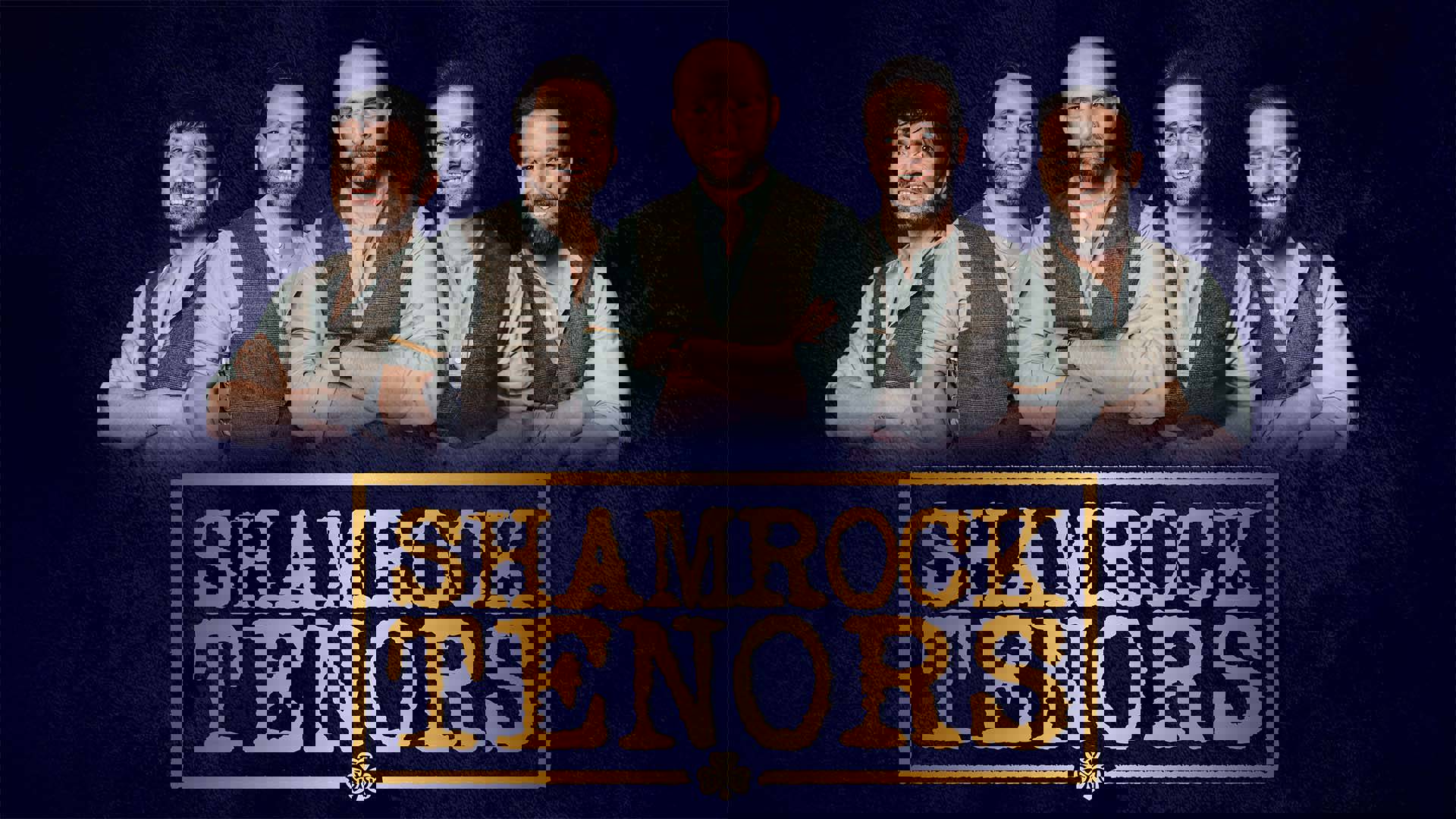 Dark banner reads: "Shamock Tenors" in gold text with a gold clover leaf below. Above the text are five caucasian men in light grey long-sleeve shirts and brown vests smiling.