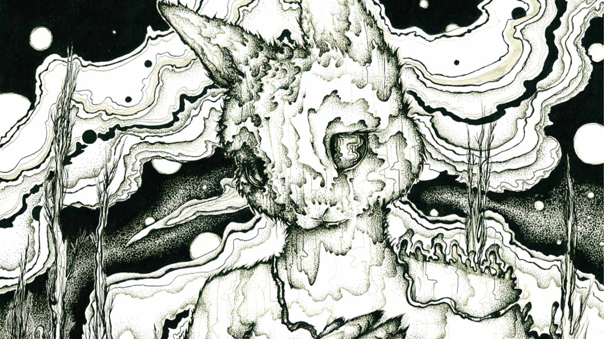 Black and white artwork that of a humanoid rabbit.